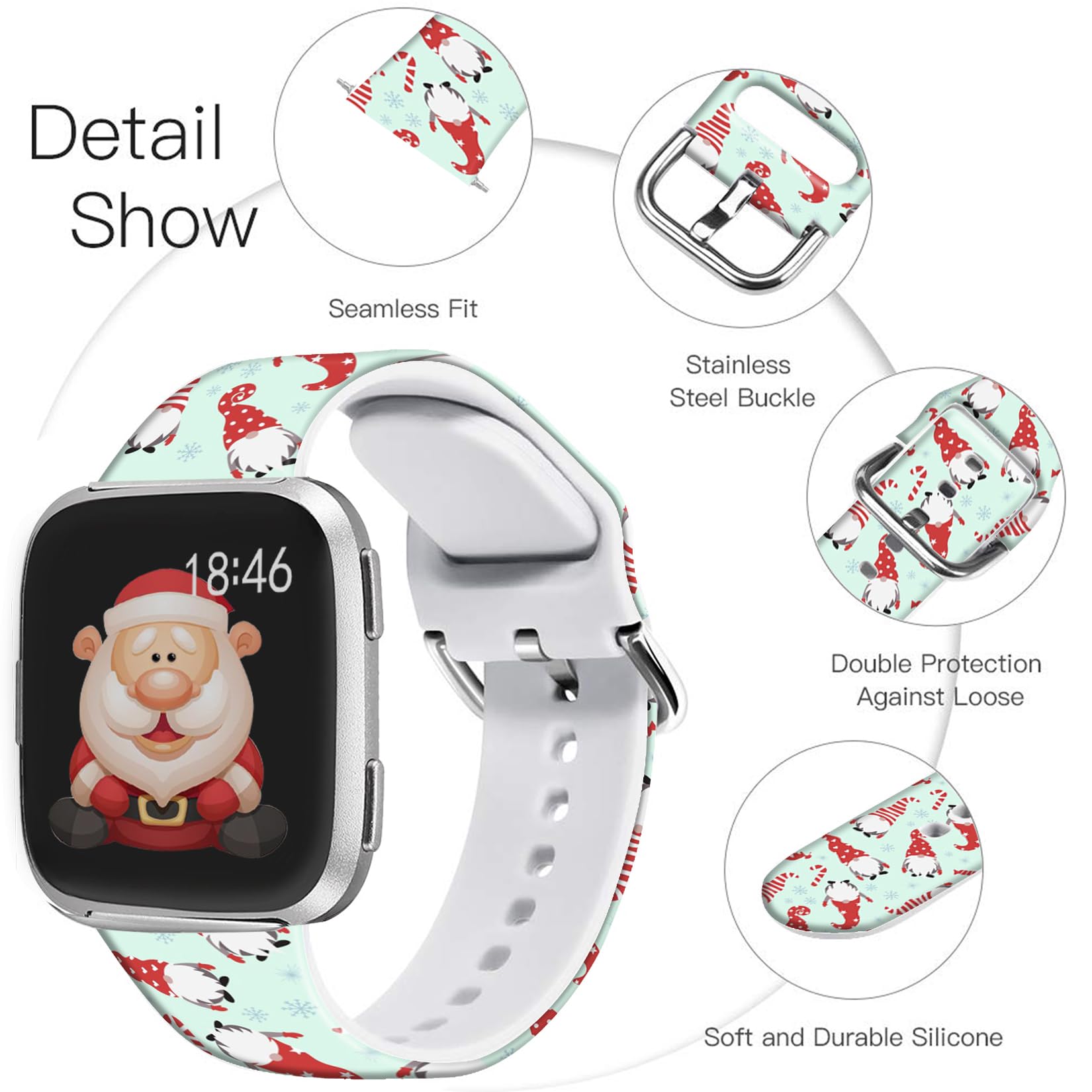 Ftfcase Holidays Christmas Watch Band Compatible With Fitbit Versa/Versa 2/Se For Women Men, Soft Silicone Santa Claus Blue Stra