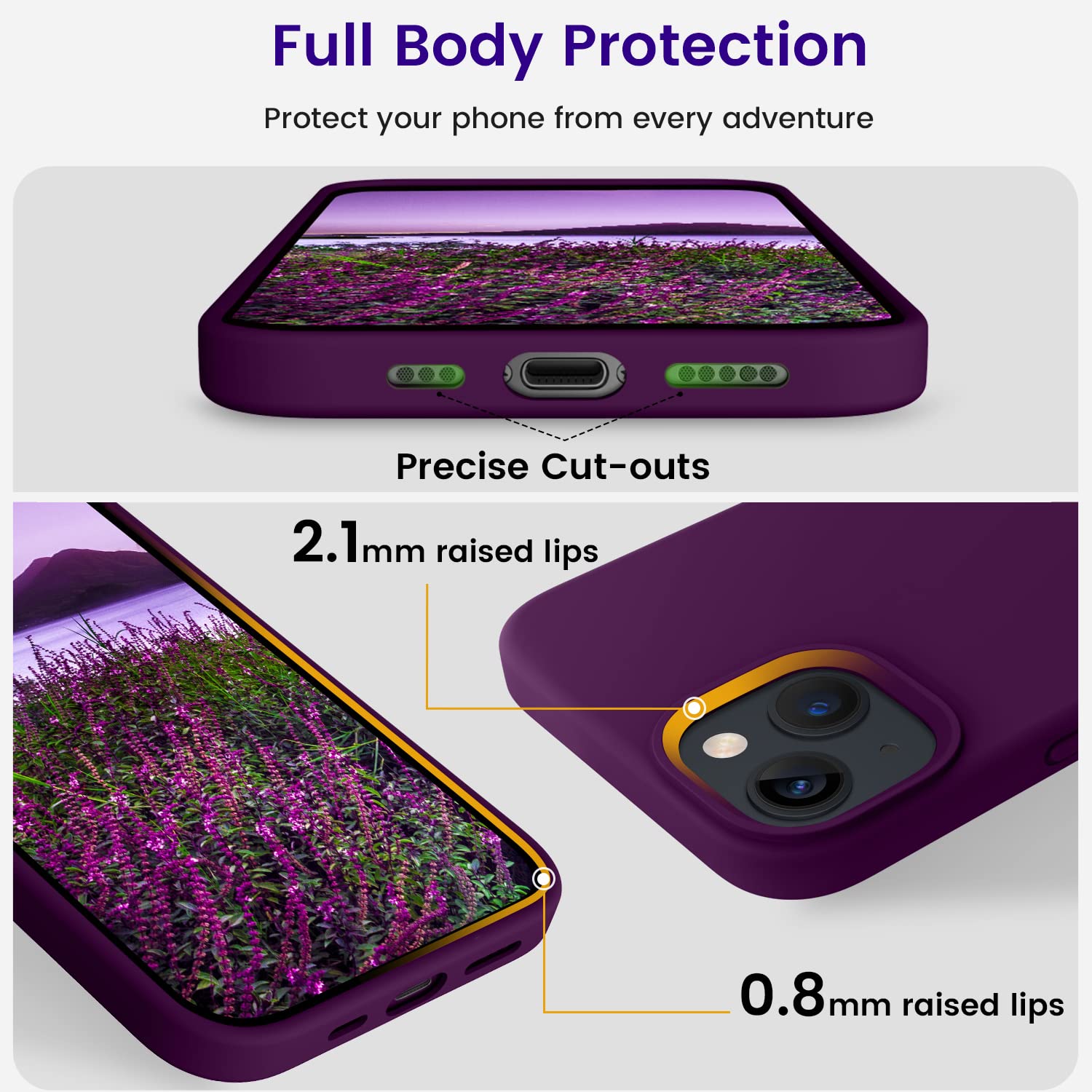 Otofly Designed For Iphone 13 Case, Silicone Shockproof Slim Thin Phone Case For Iphone 13 6.1 Inch Purple