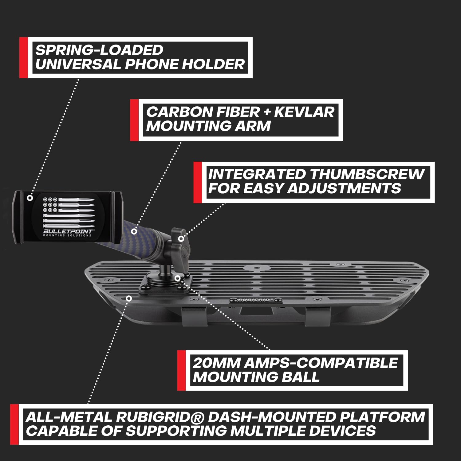 Bulletpoint Rubigrid Metal Dash Mount Phone Holder Compatible With 2022-2024 Nissan Frontier