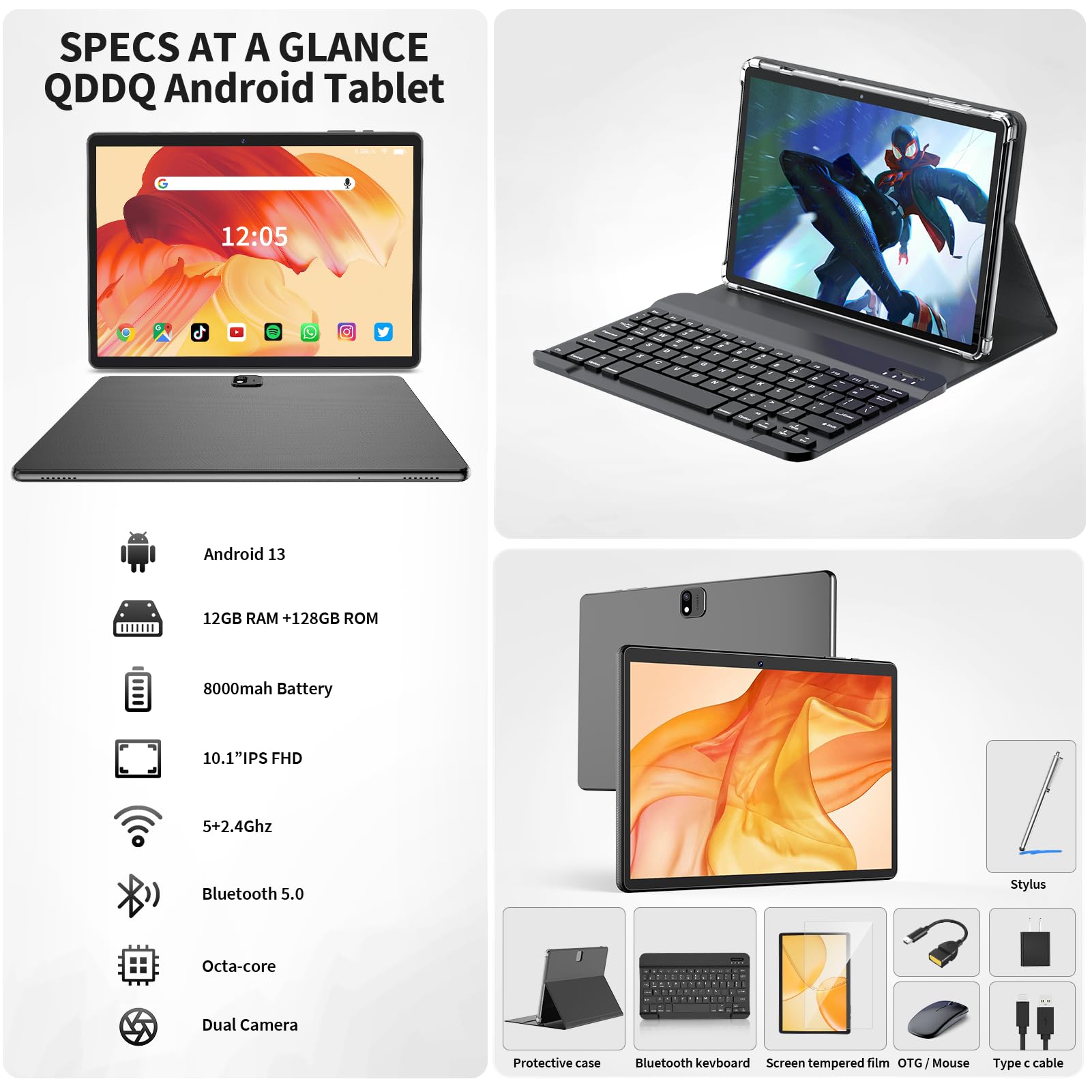 Android Tablet With Keyboard, Android 13 Tablet, 12(6+6)Gb+128Gb, 1Tb Expand, 2 In 1 Tablet, 10 Inch Tablet With Case, Mouse, St