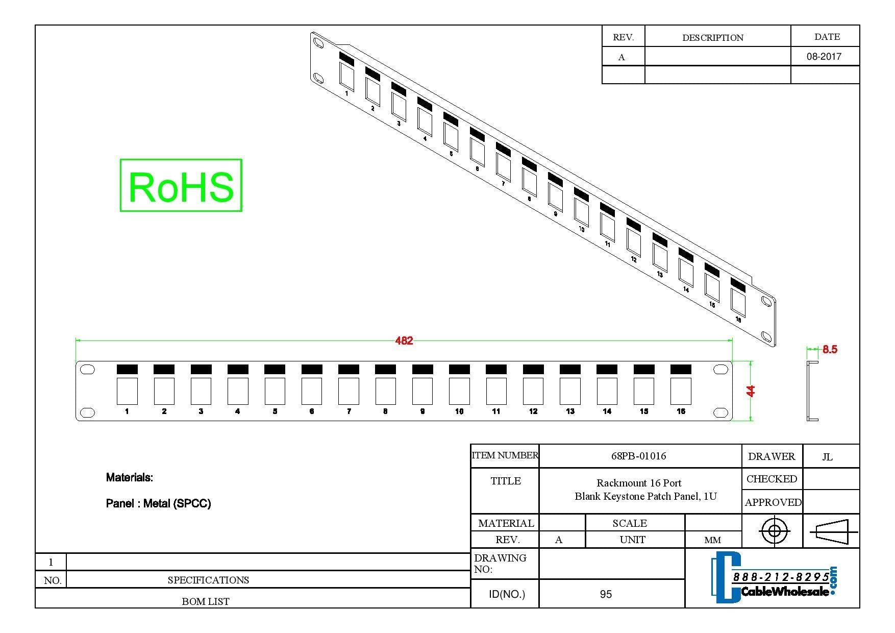 Cablewholesale 1U Rackmount Keystone Rack Panel, 16 Port Blank Keystone Patch Panel, 19 Inch, 1 Unit