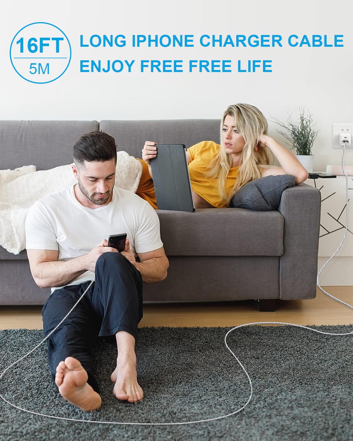 16 Ft Extra Long Iphone Charger Cord [Apple Mfi Certified] Braided Iphone Charger Fast Charging Usb To Lightning Cable For Iphon