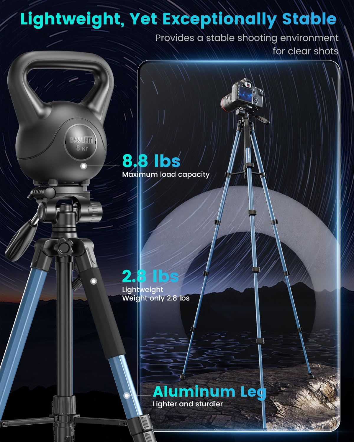 Cambofoto 74'' Camera Tripod, Navy Blue Porfessional Aluminum Heavy Duty Tripod Stand For Mirrorless Camera/Dslr/Cell Phone/Camc