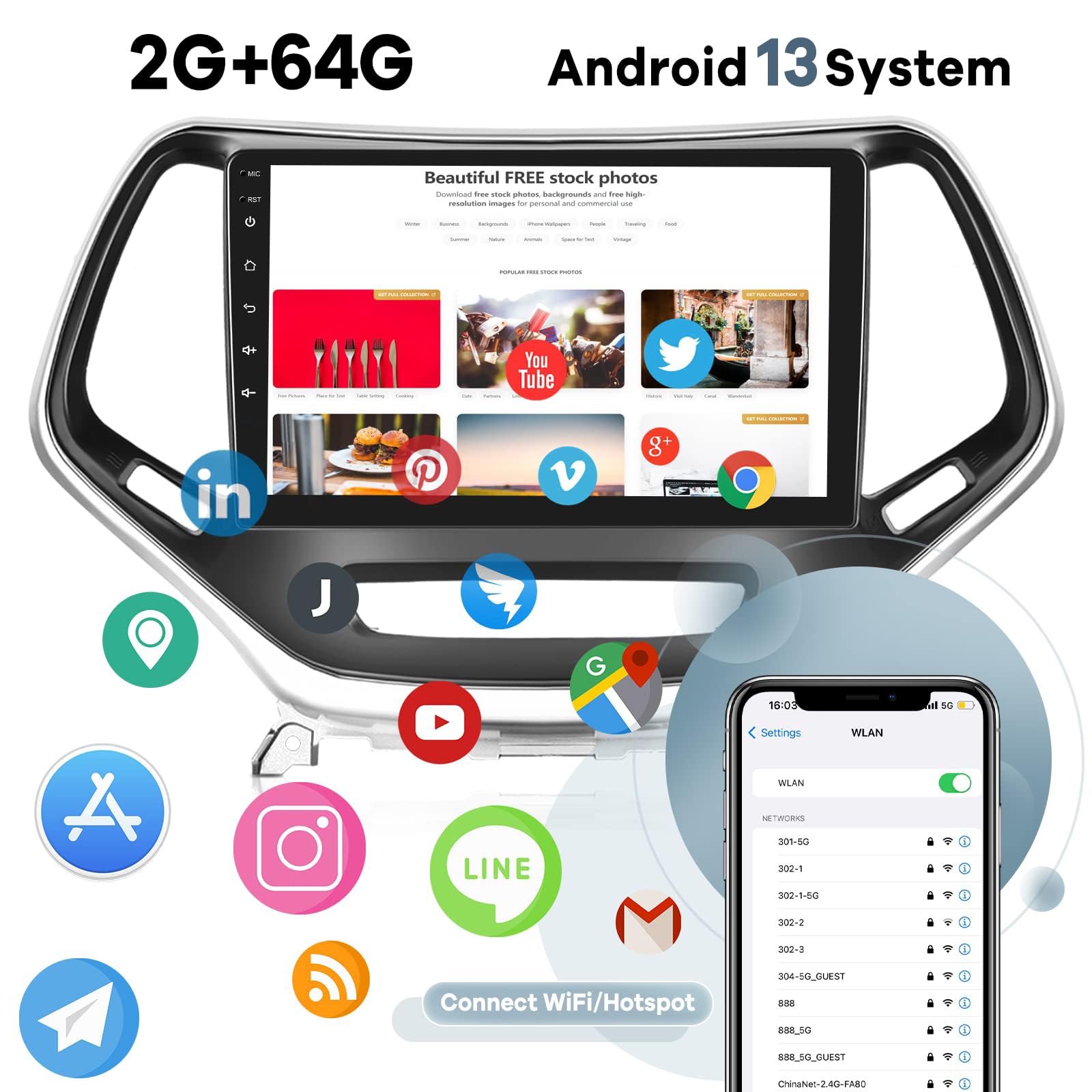 [2G+64G] Android 13 Car Radio For Jeep Cherokee 2013 2018, 10.1 Inch Touch Screen Car Stereo, Carplay/Android Auto/Hi Fi Audio/1