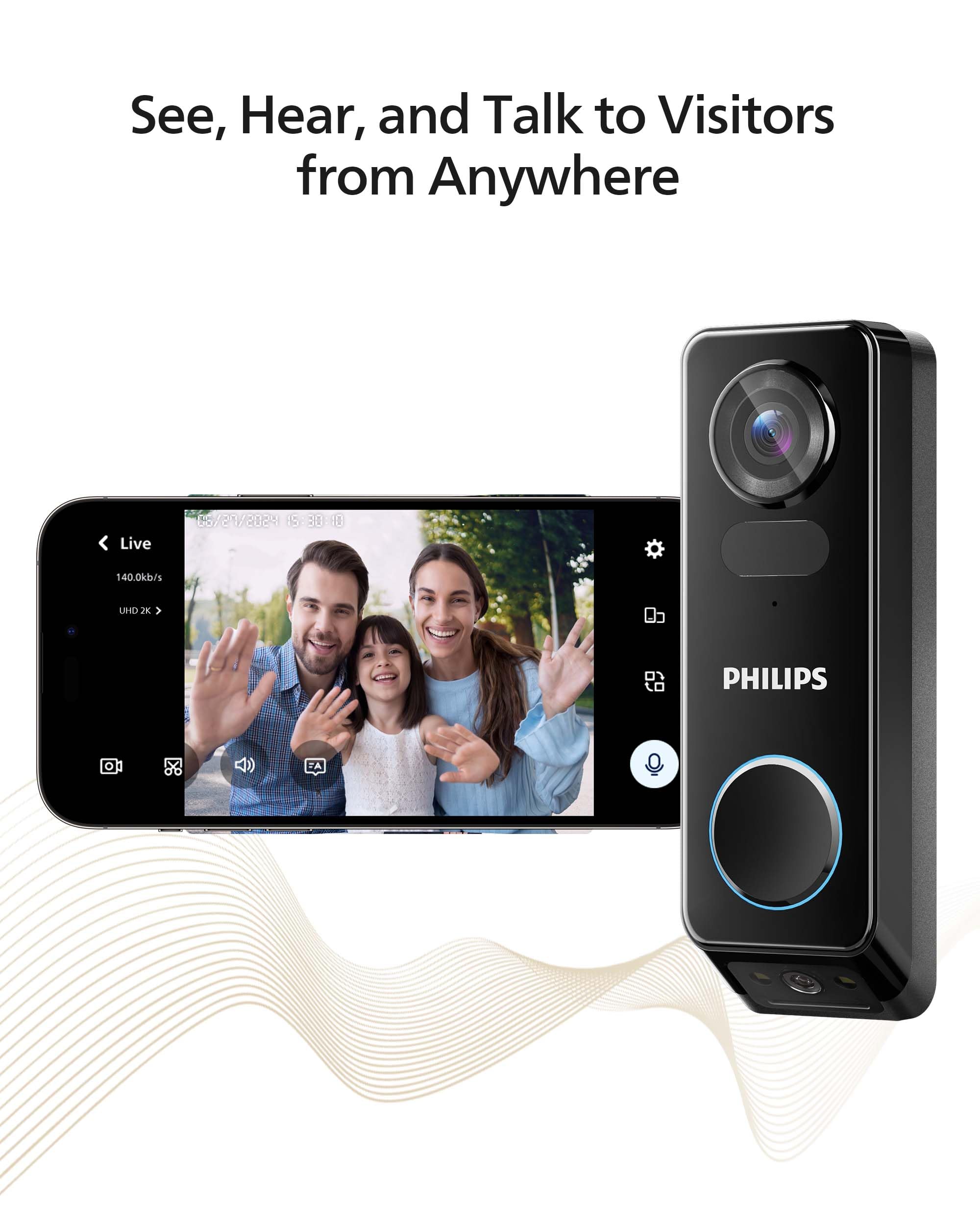 Philips Security Video Doorbell Camera Wireless (Chime Included), No Monthly Fee, Dual Cameras 2K Fhd With Motion Detection, 2 W