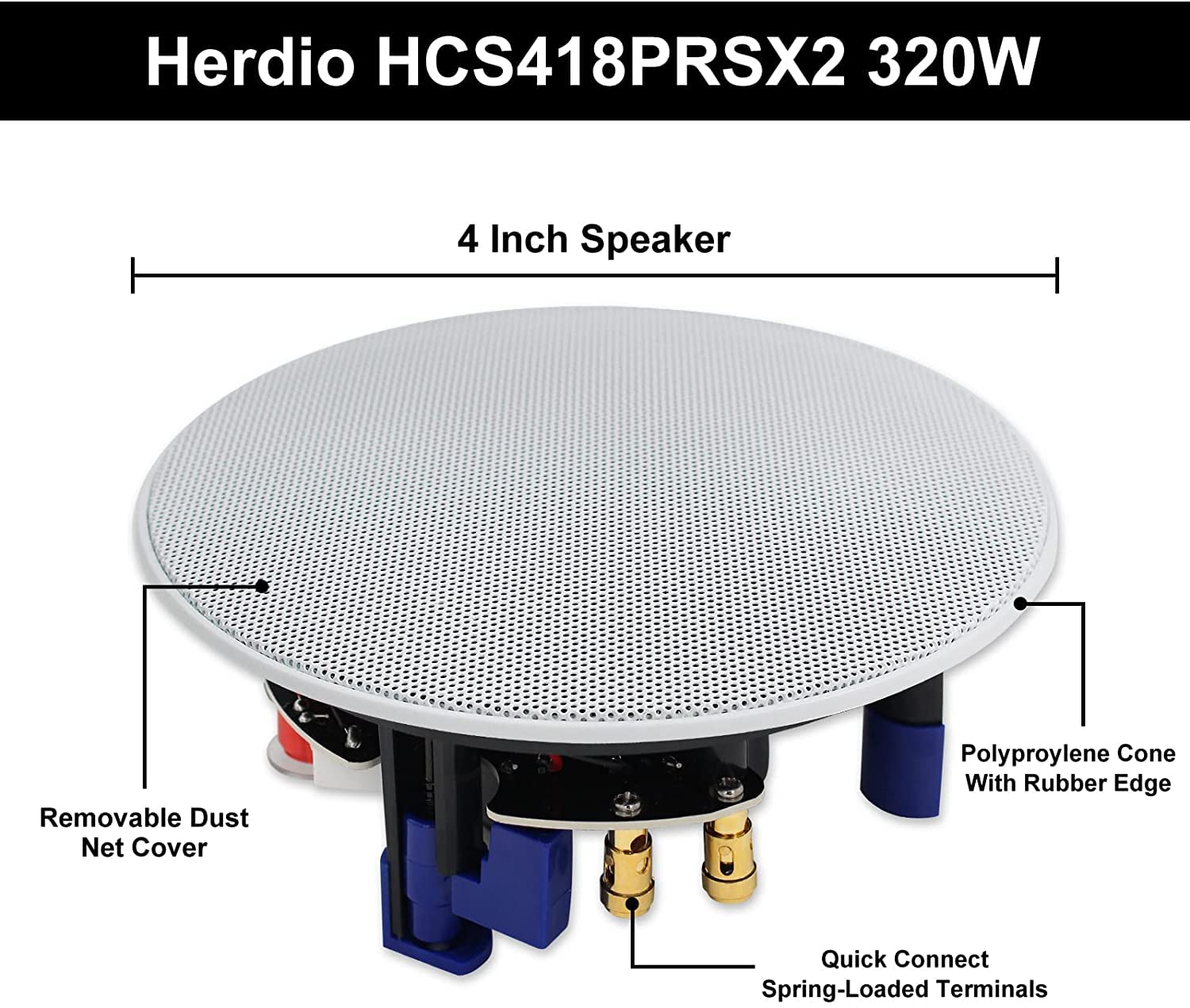 Herdio 320 Watts 2 Way Flush Mount Ceiling Speakers 4 Inches For Bathroom, Kitchen,Living Room,Office 4 Speakers