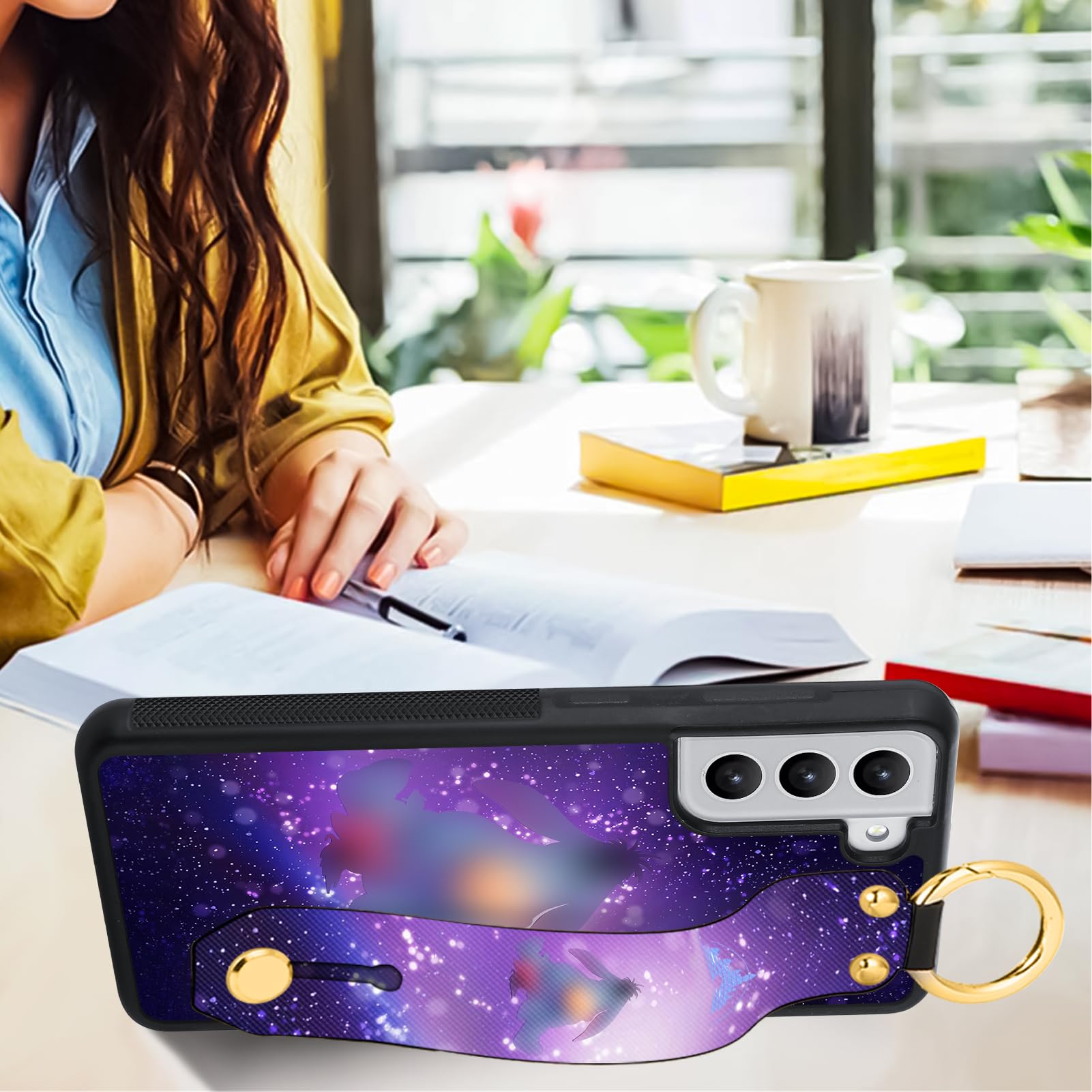 Cuwana Cartoon Case For Samsung Galaxy S22 Cute Purple Donkey Cartoon Character Design With Lanyard Wrist Strap Band Holder Shoc