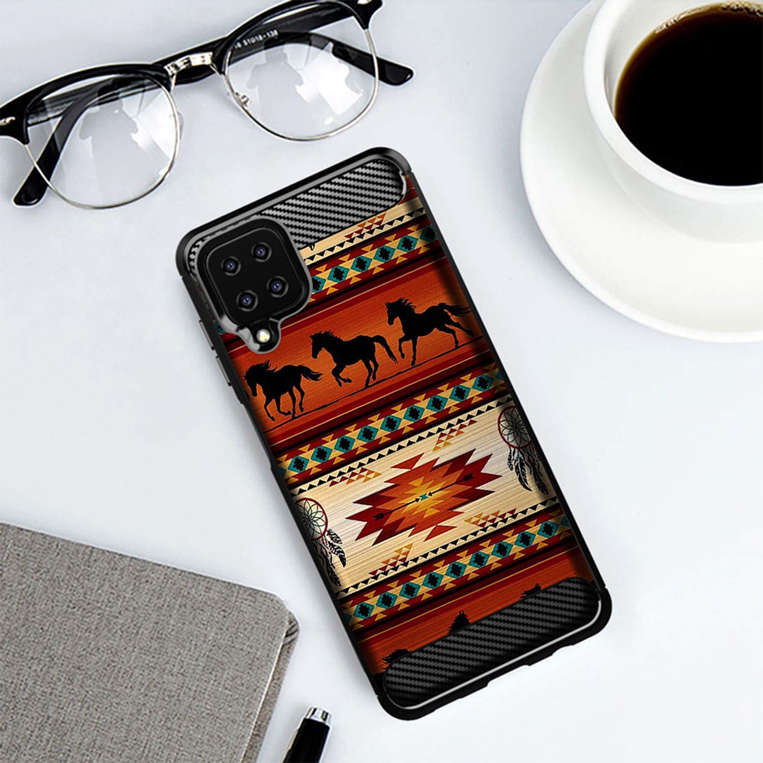 Casesondeck Case Compatible With [Samsung Galaxy A12 / A12 (6.5'') Case] Tribal Floral Matte Tpu Flexible Carbon Fiber Textured