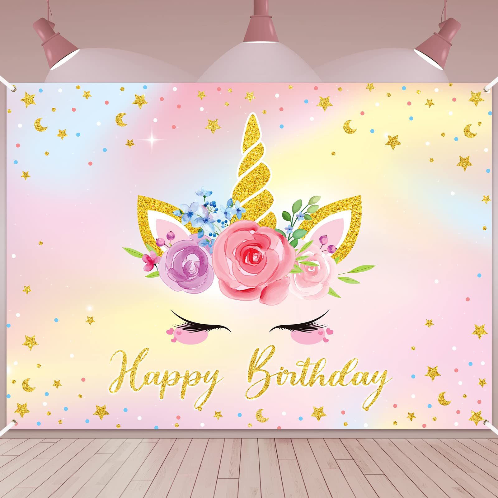 Newwiee Unicorn Backdrop, 7X5Ft Pink & Gold, Birthday Party Decorations, Photo Studio Props, Watercolor Floral, Includes 1 Backd
