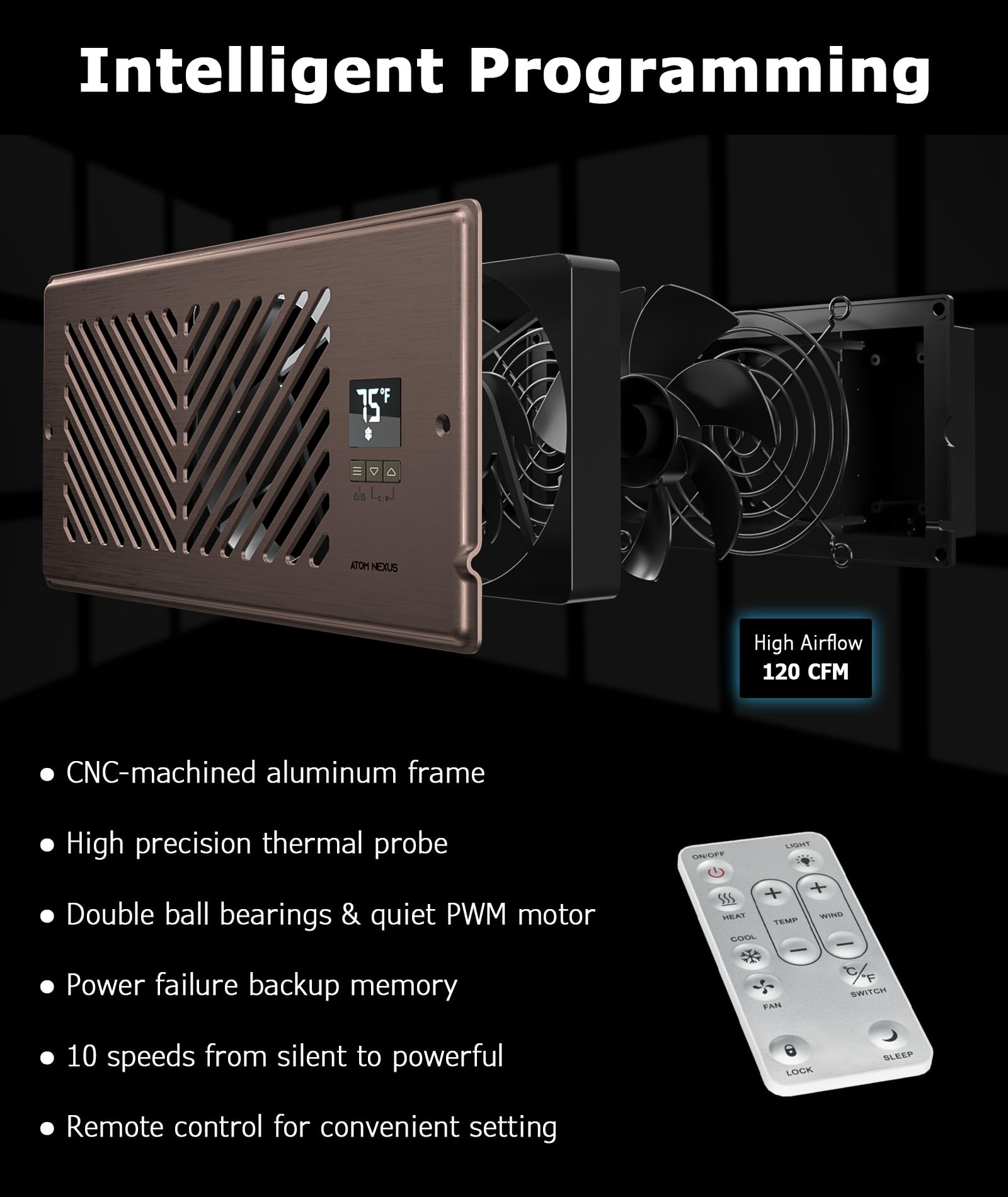 Atom Nexus Quiet Register Booster Fan Fits 4   X10    Register Holes, Smart Vent Booster Fan With Thermostat Control & Remote Co