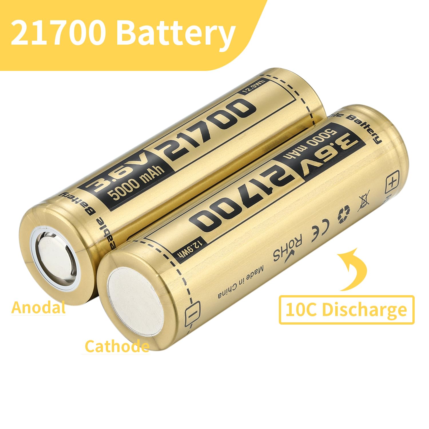 Ecosolutions 21700 Rechargeable Battery Case Set, 5000Mah Large Capacity 3.7Volt 21700 Flat Top Battery For Flashlights Ect, 2 P