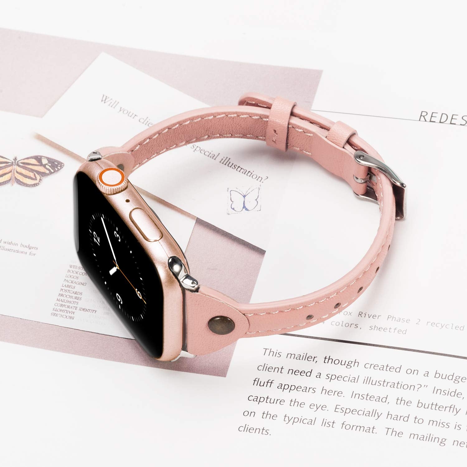 Wearlizer Womens Pink Slim Leather Compatible With Apple Watch Bands 38Mm 40Mm 41Mm For Iwatch Se Strap Wristbands Leisure Cute