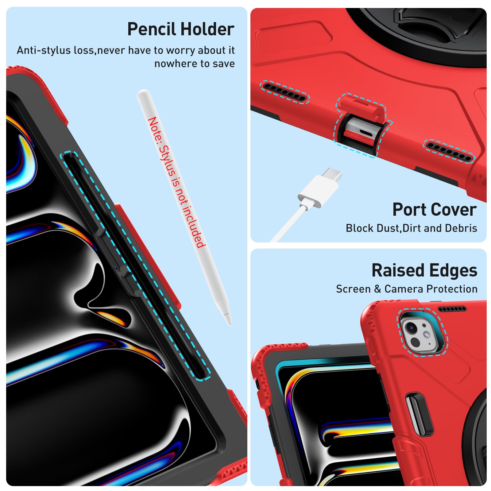 Supfives Case For Ipad Pro 13 Inch 2024 (7Th Gen), With Screen Protector/Shoulder Strap/Pencil Holder/Handle/Rotating Stand, Red