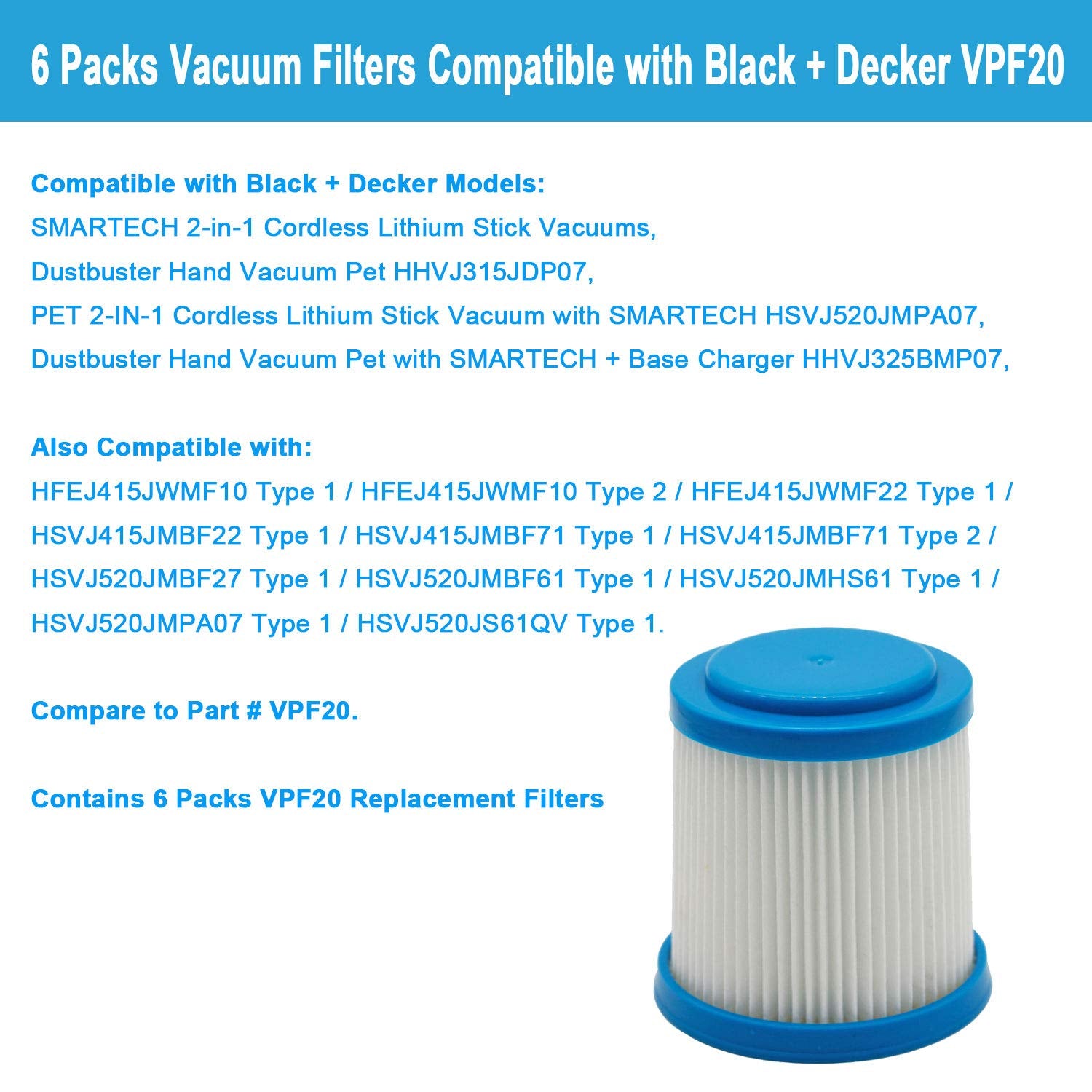 Lemige 6 Packs Vpf20 Replacement Filters For Black And Decker Smartech Pet 2 In 1 Stick Vacuum