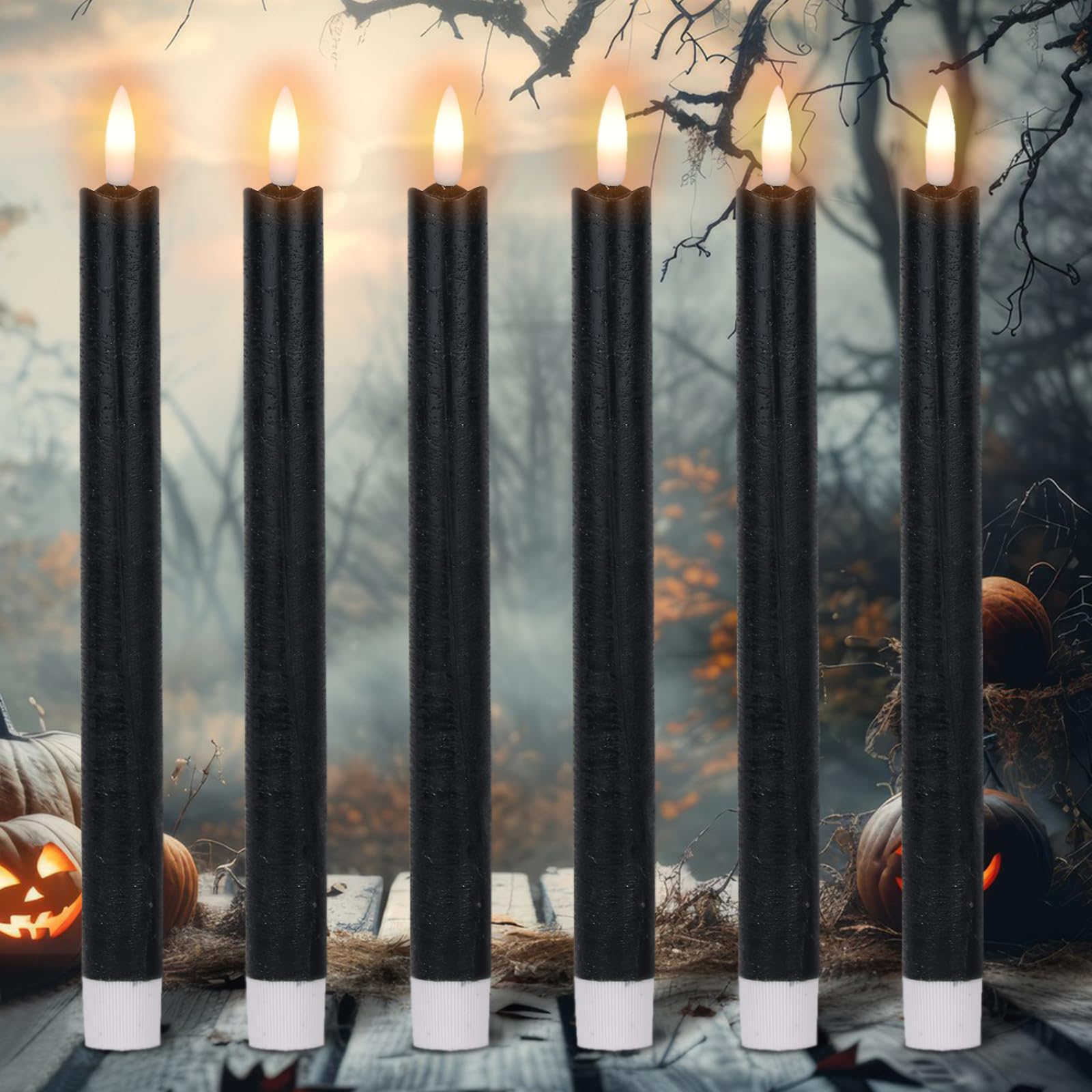 Dromance Halloween Flameless Taper Candles With 6 Hour Timer, Battery Operated Black Led Taper Candles Real Wax 3D Wick Flickeri