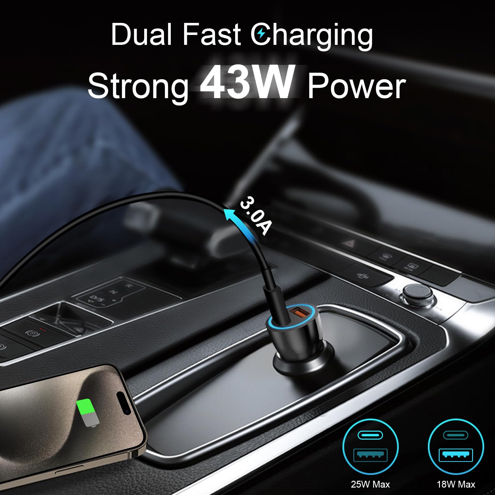 Iphone 16 15 Car Charger, [Apple Mfi Certified] Usb C Car Charger 43W Fast Charging With 3.3 Ft Usb C To Usb C Cable, Pd Usb C &