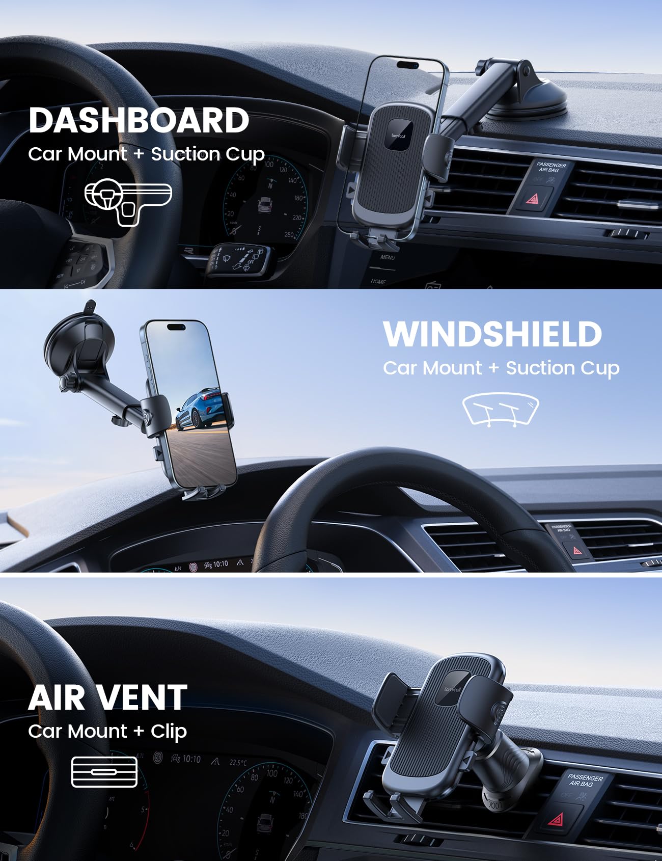 Lamicall Car Phone Holder Mount [3-In-1 Military-Grade Suction Cup] 360 Rotation Phone Holders For Your Car [Metal Hook] Cell Ph