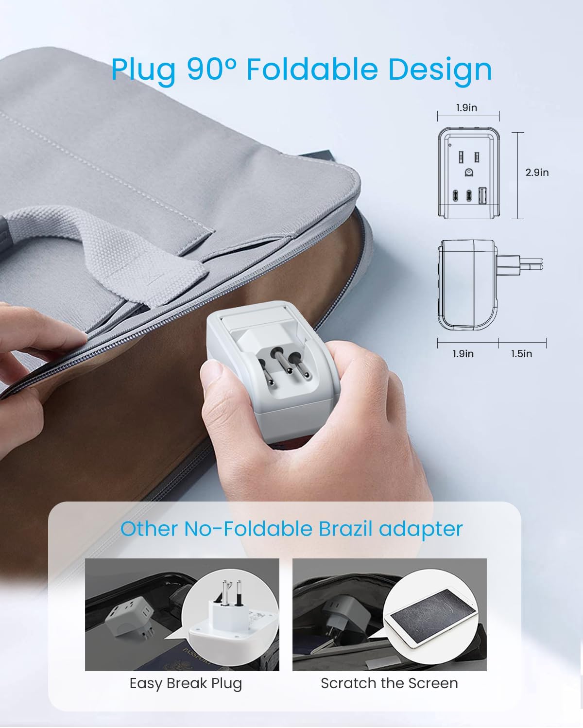 1 Pack Brazil Power Adapter Travel Plug, Vintar Foldable Type N Plug Adapter Brazil With 2 Ac Outlets 3 Usb Ports(2 Usb C), Braz