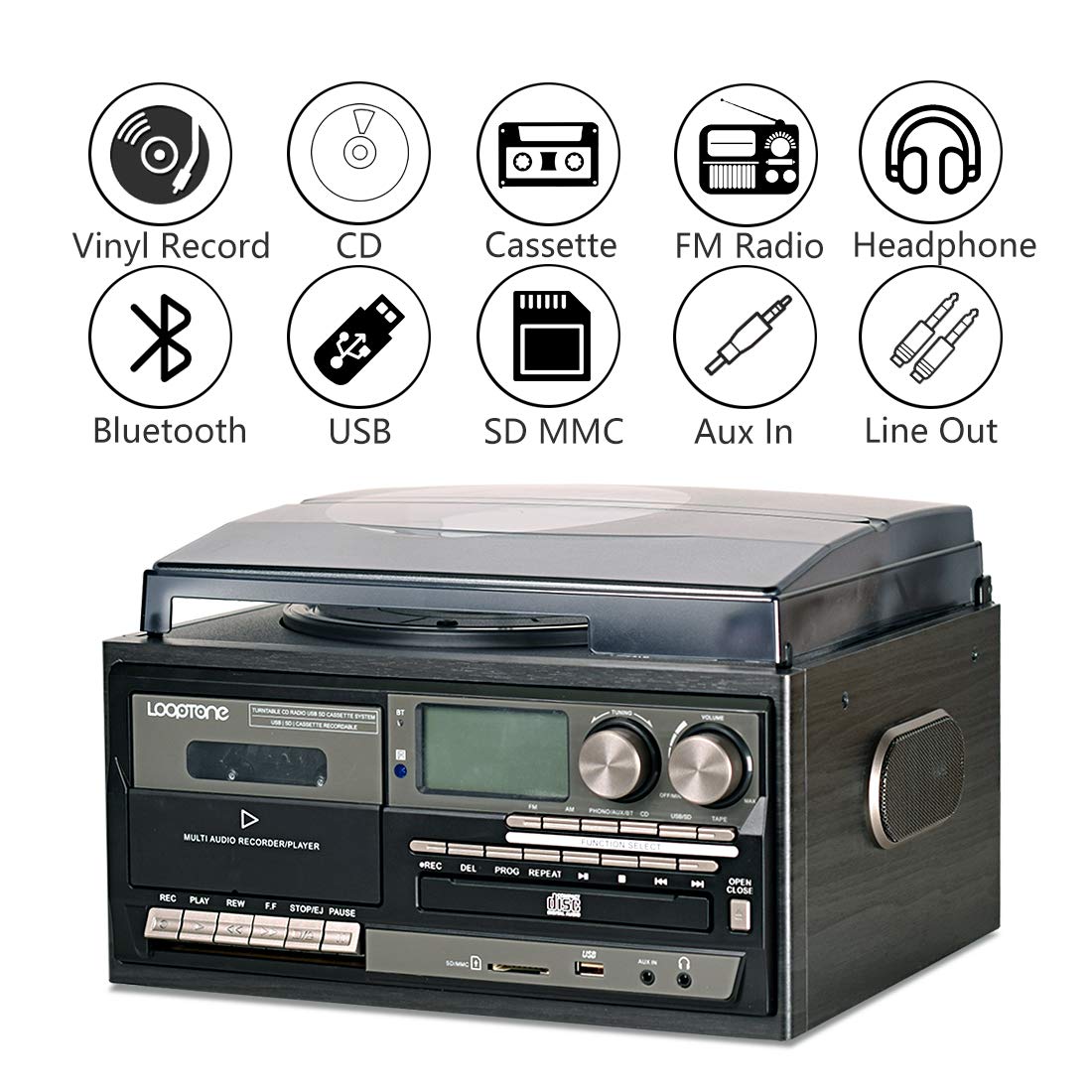 Looptone Vinyl Record Player 9 In 1 3 Speed Bluetooth Vintage Turntable Cd Cassette Player Am/Fm Radio Usb Recorder Aux In Rca L