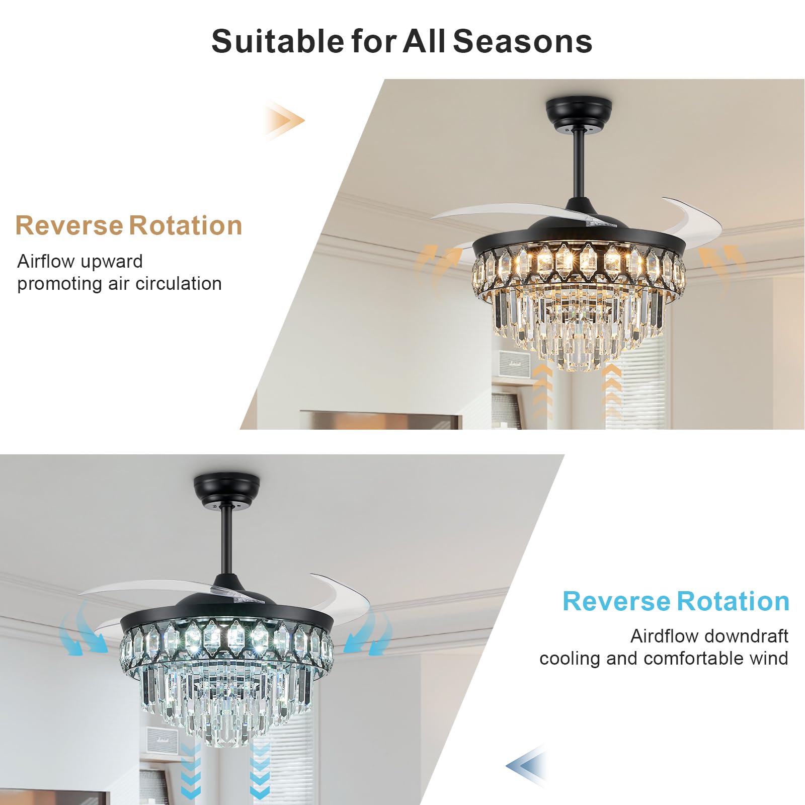 Fidgra 42'' Fandelier Ceiling Fan With Light, Retractable Ceiling Fan With Lights Chandelier Fan For Bedroom, Living Room, Led D