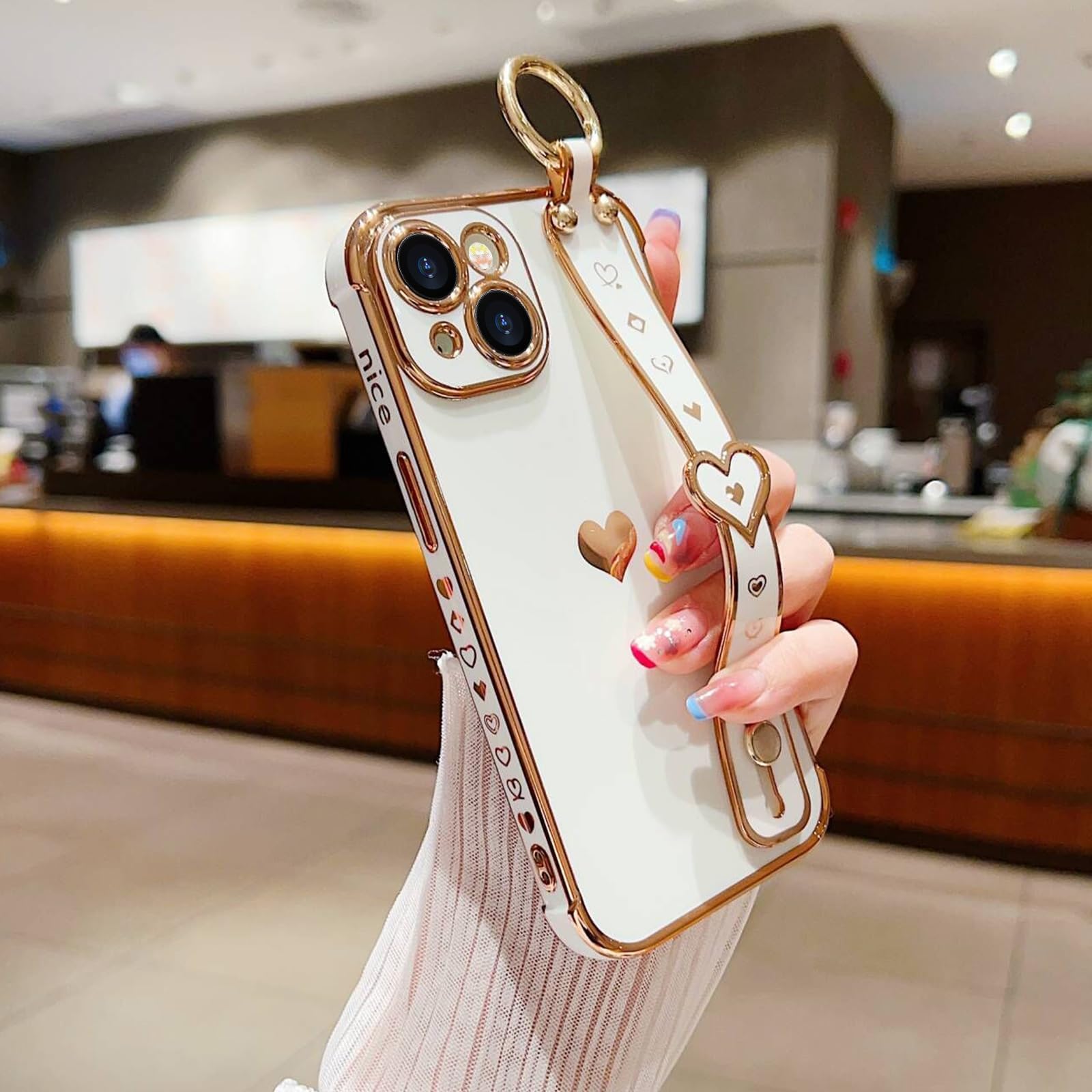 Llz.Coque For Iphone 14 Case Cute Love Heart Plating Strap Phone Cover For Women Girls Bling Soft Silicone Camera Lens Protectio