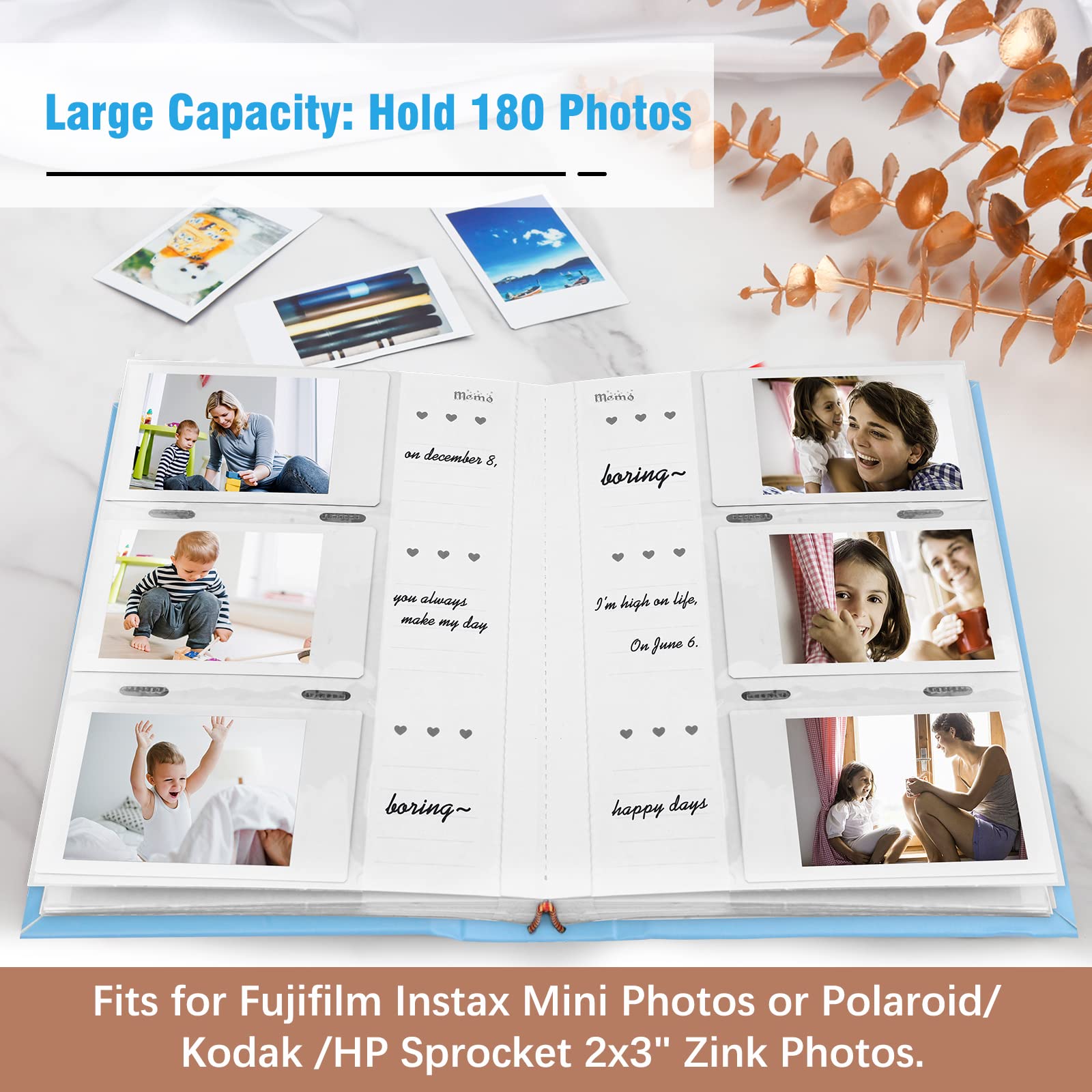 Photo Album For Fujifilm Instax Mini Camera, 180 Pockets Photo Album With Writing Space For Polaroid, Leather Cover, 2X3 Photo Album For Instax Mini 12 11 9 40 8 7 Evo Liplay Instant Camera (Blue)
