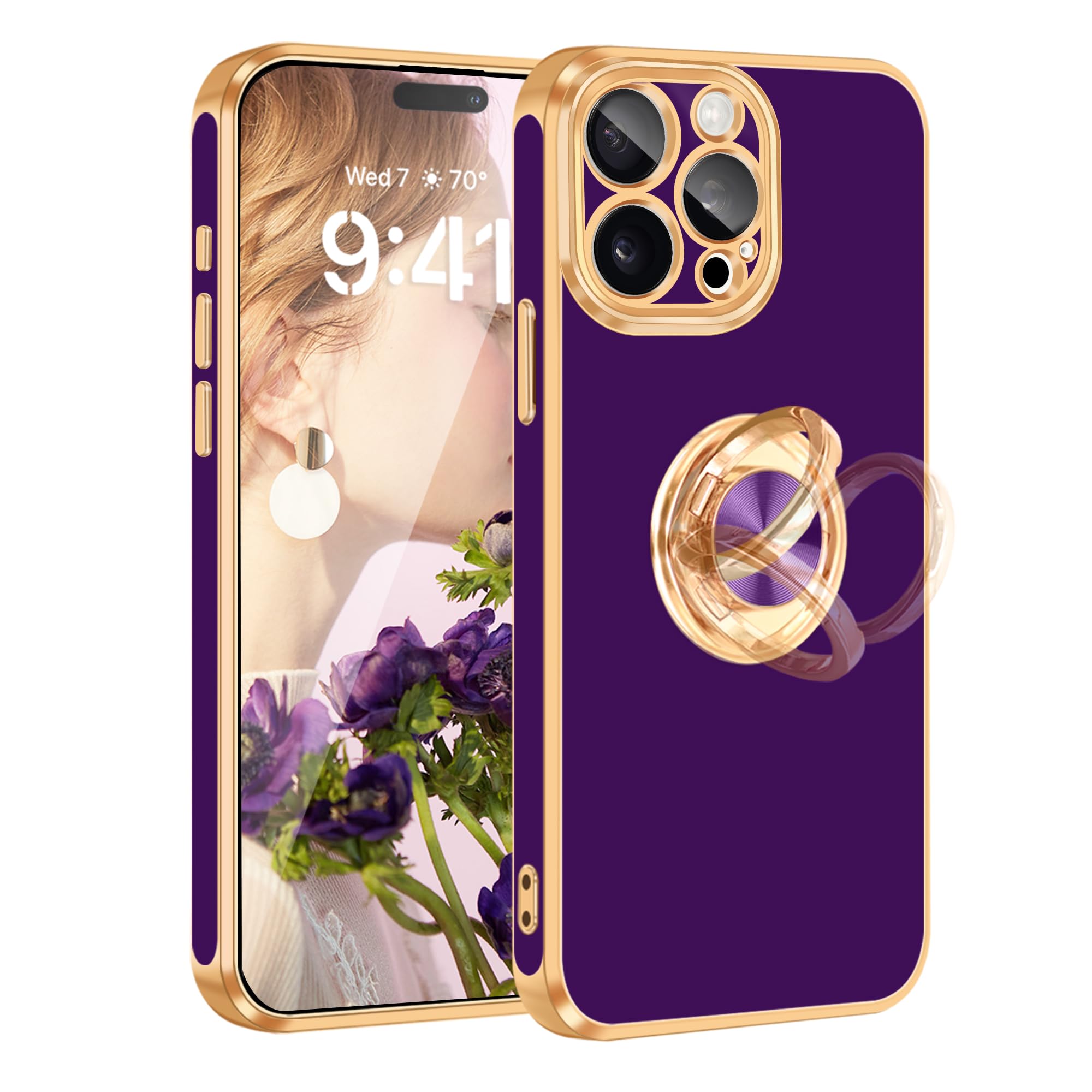 Fingic For Iphone 15 Pro Max Phone Case[With 360Ring Holder][Support Magnetic Car Mount]Cute Kickstand Slim For Women Nonslip Tp