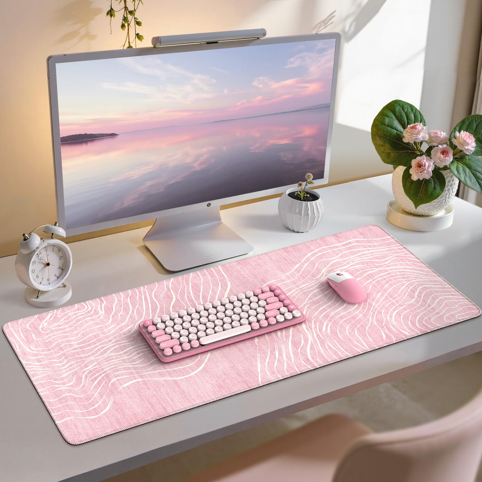 iCasso Large Desk Mat Pink,Big Mouse Pad with Stitched Edges,Aesthetic Computer Pad for Desktop,Anti-Slip Keyboard Mat for Women