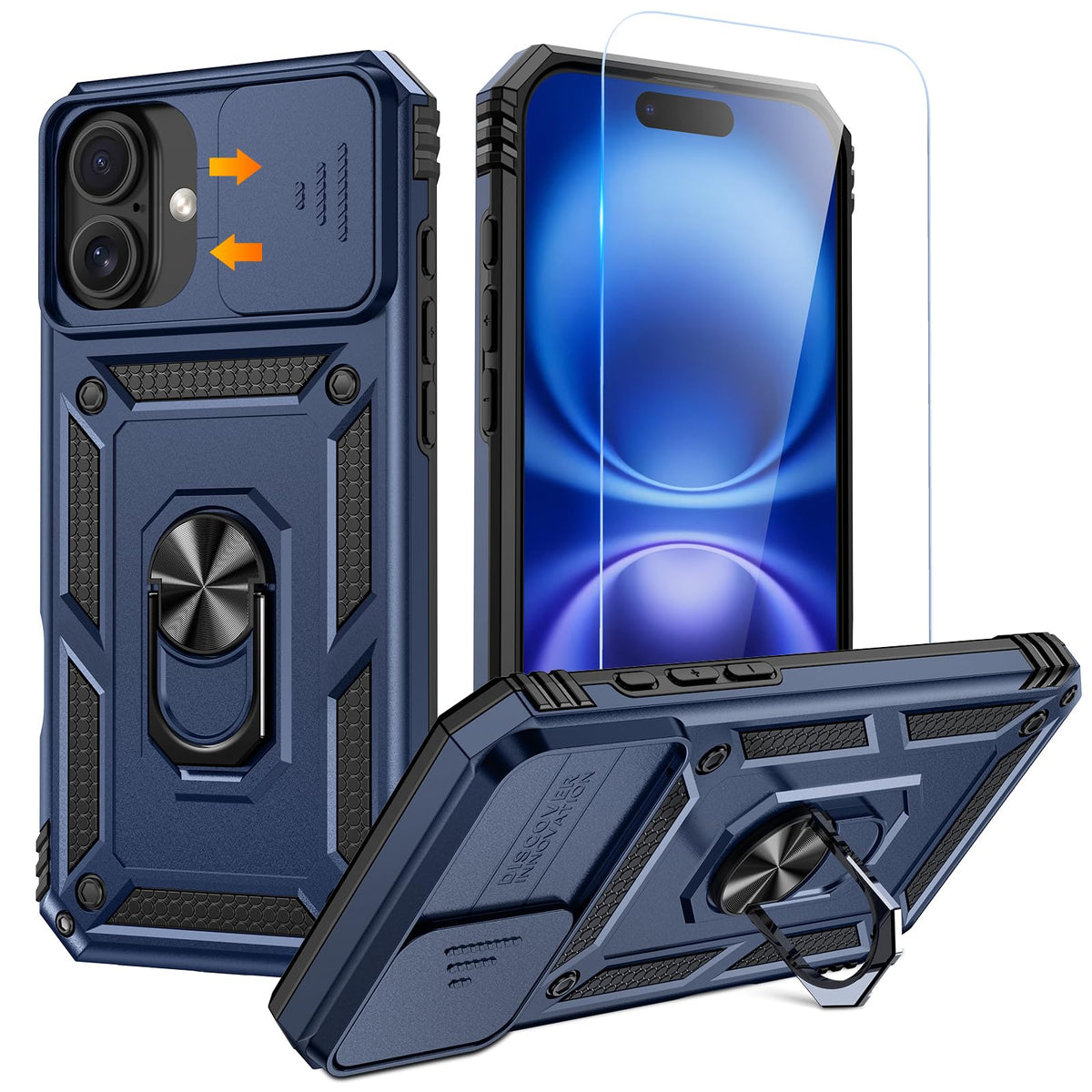 Goton Compatible For Iphone 16 Case With Screen Protector   Slide Camera Cover Protective Phone Case With Ring Stand, Heavy Duty
