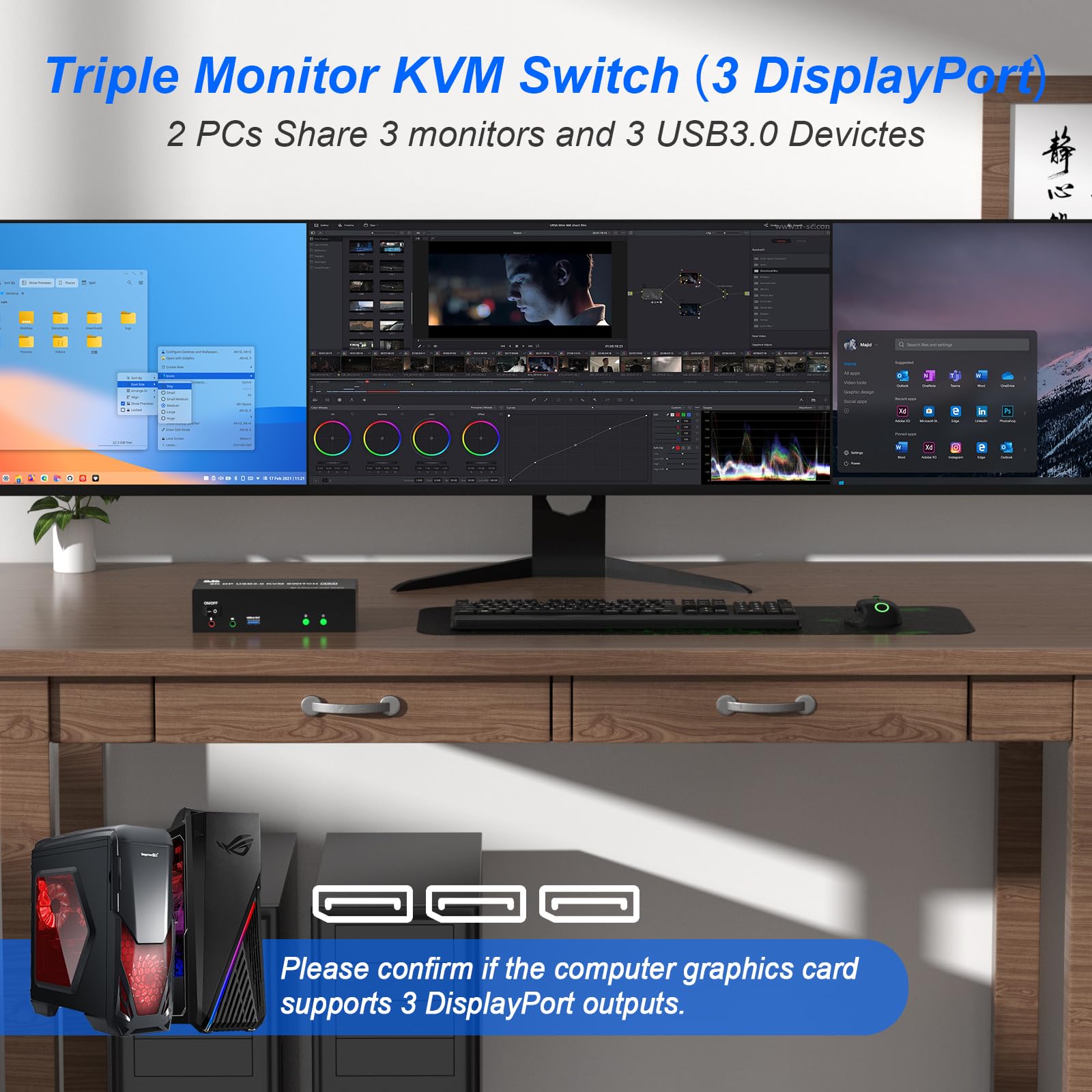 8K@60Hz Kvm Switch 3 Monitors 2 Computers 4K@144Hz, Dp 1.4 8K Displayport Kvm Switch Triple Monitor For 2 Computer Share 3 Monit