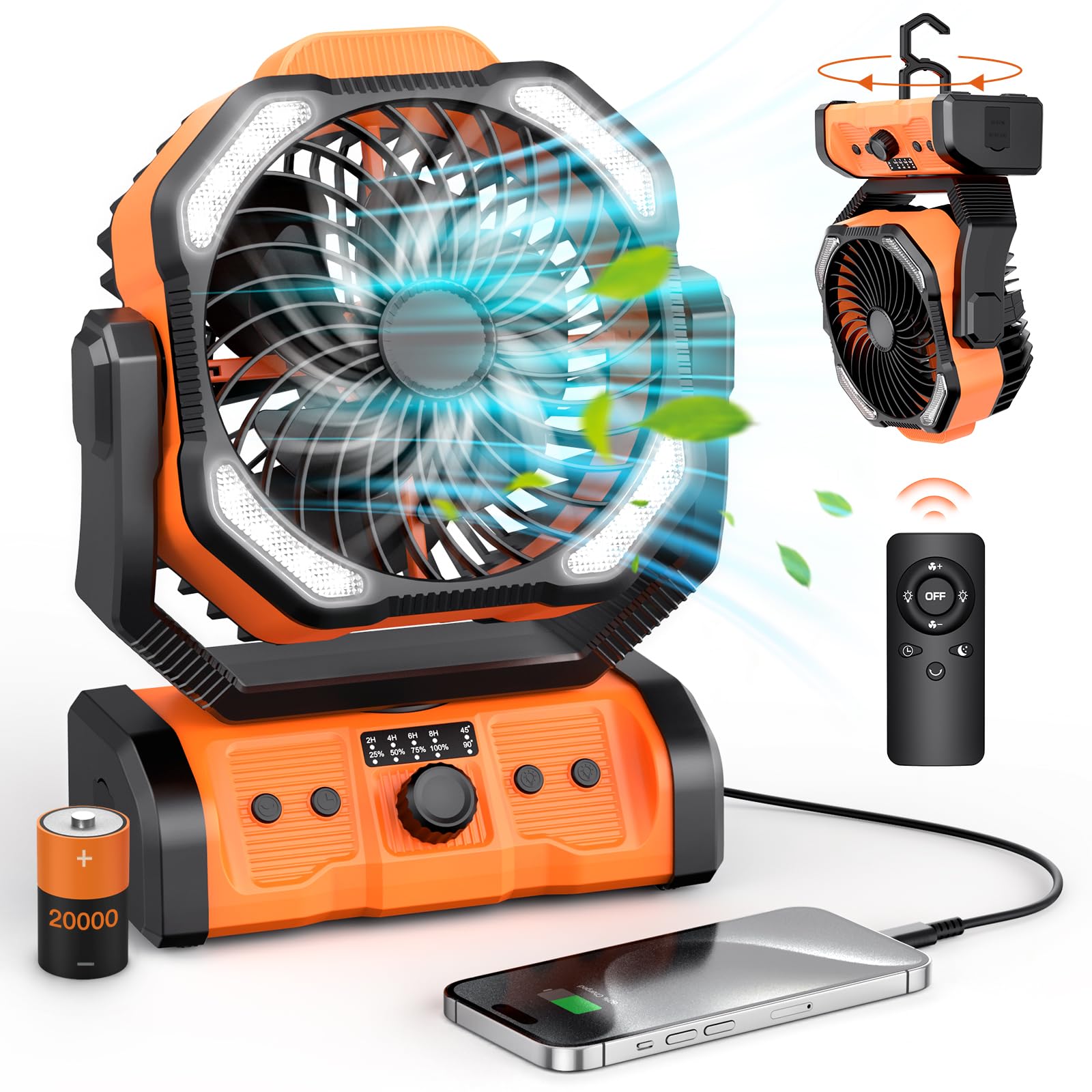 Peouix Portable Rechargeable Camping Fan   20000Mah Cordless Battery Powered Tent Fans With Led Lantern, Remote Auto Oscillating