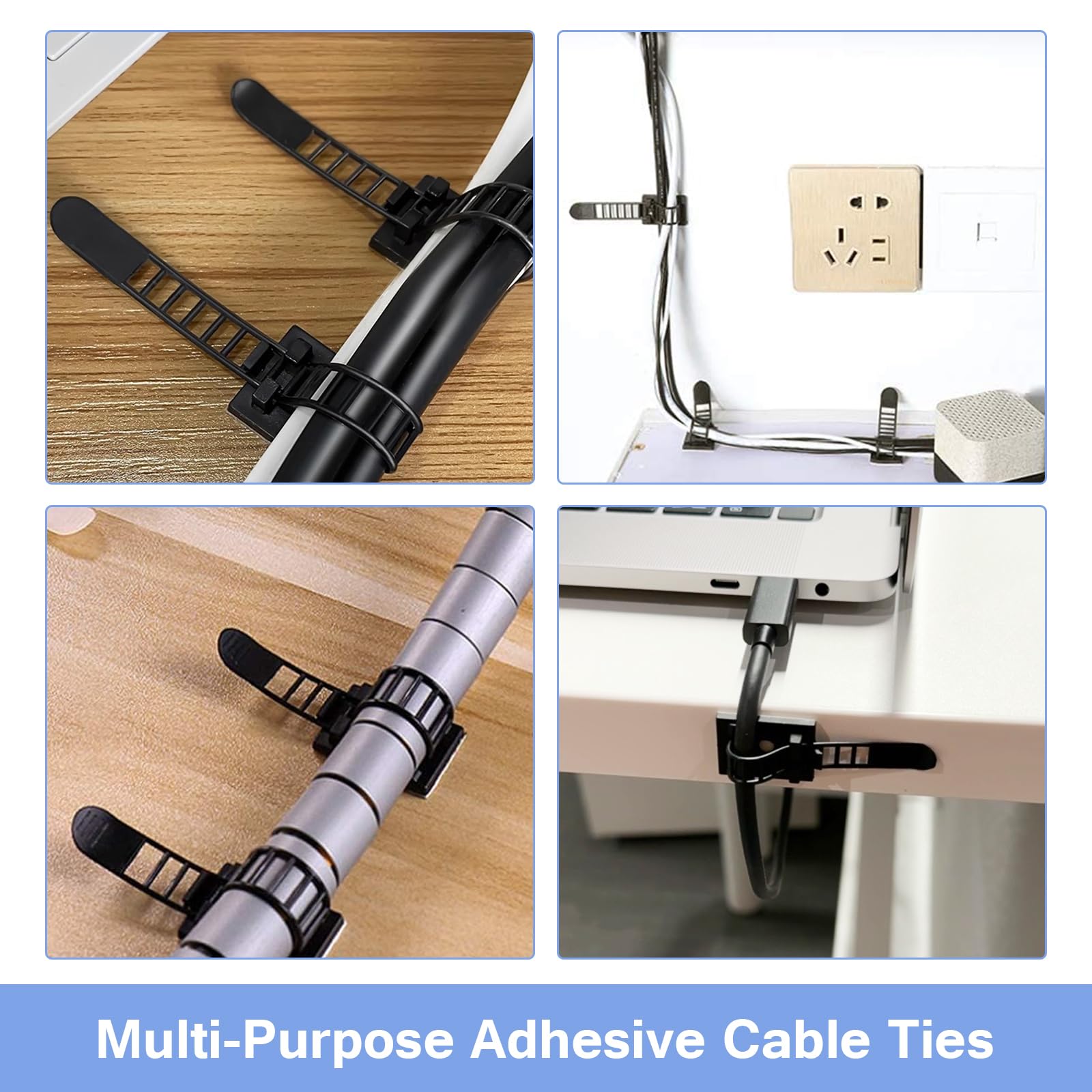 Fippy 100Pcs Adjustable Adhesive Cable Ties Cable Clips, Self Adhesive Nylon Cable Straps, Adhesive Cable Management Clips For W