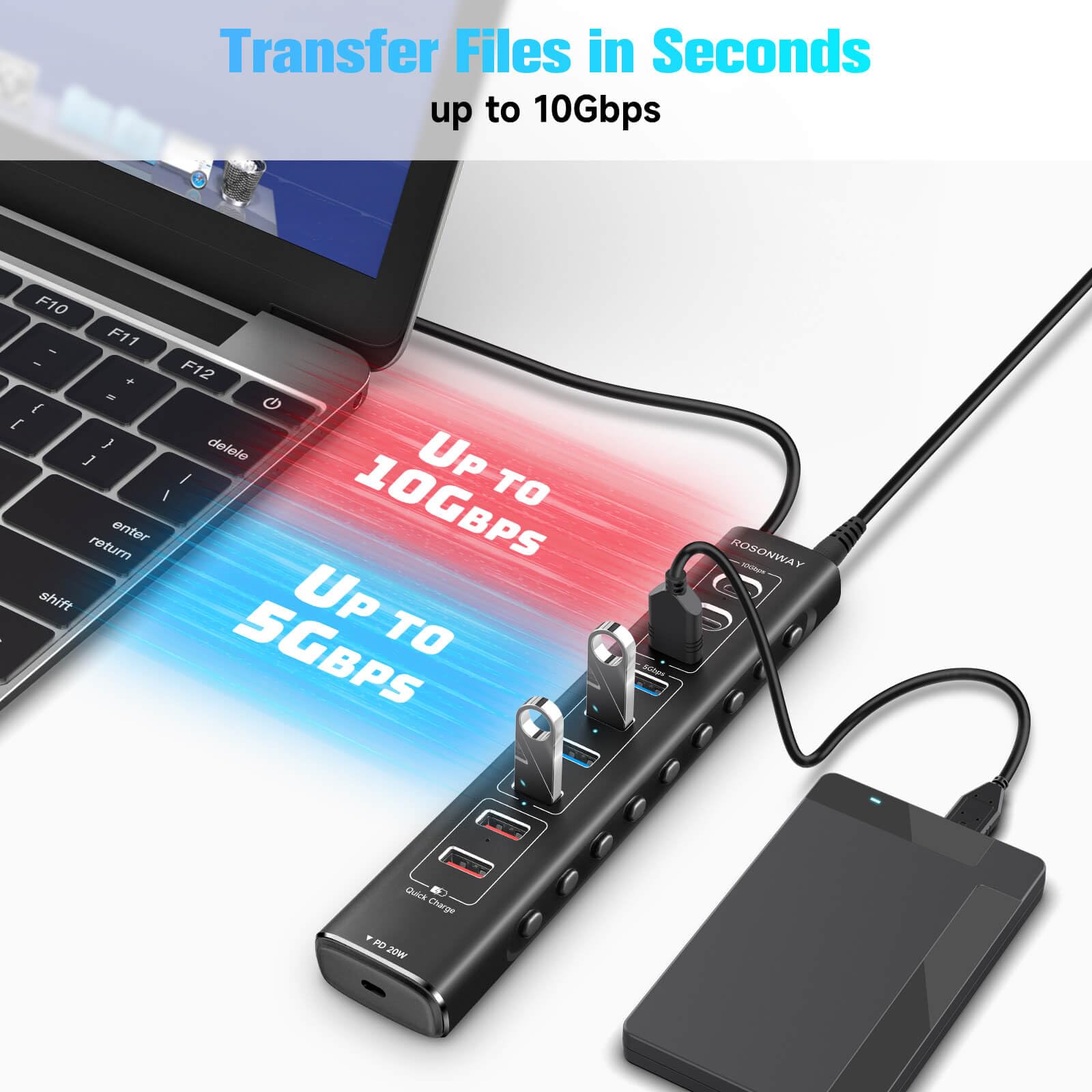 Rosonway 10-Port Powered USB 3.2 Hub, 60W, Aluminum, 3x10Gbps USB-C, 4 USB 3.0 Data Ports, Silver,