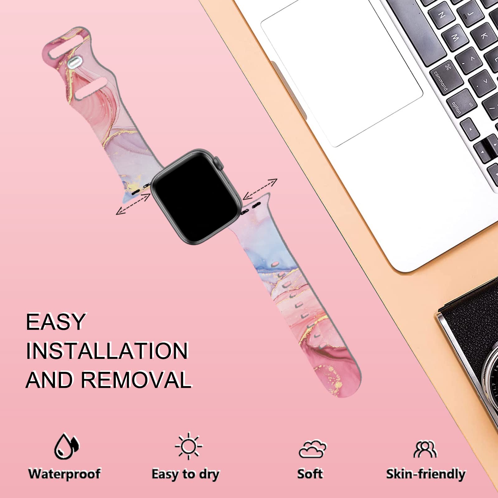 Sport Bands Compatible With Apple Watch Band 38Mm 40Mm 41Mm Women Girls, Rose Gold Pink Marble Design Watch Band Cute Silicone W