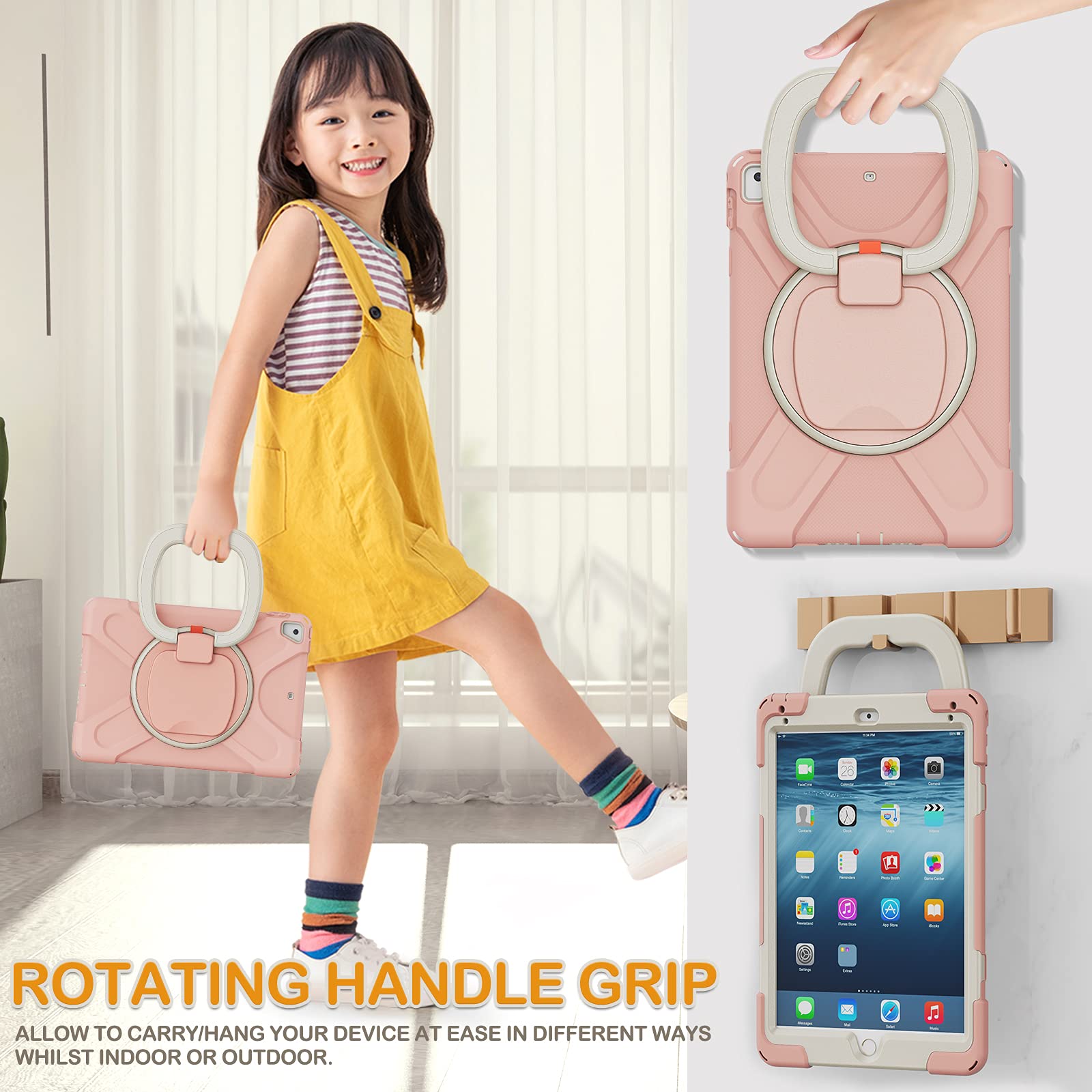 Braecn Kids Ipad Case, Rugged Silicone Cover With Hand Grip, Pencil Holder, Shoulder Strap, Stable Kickstand For Ipad 9.7 Inch 2