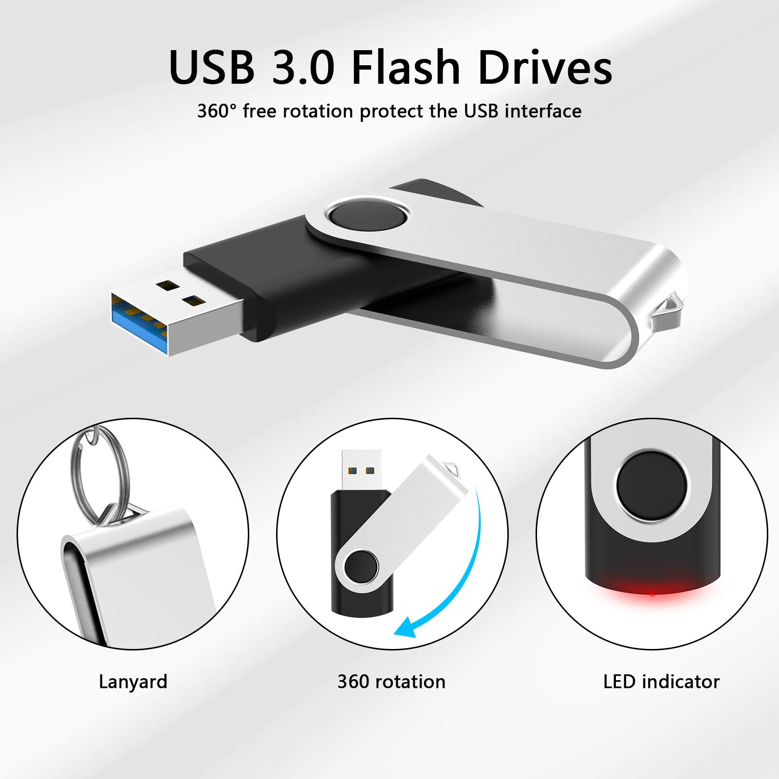Kootion 16 Gb Usb 3.0 Flash Drive 16Gb Flash Drives 10Pcs Thumb Drive Keychain Jump Drive Swivel Memory Sticks, Black