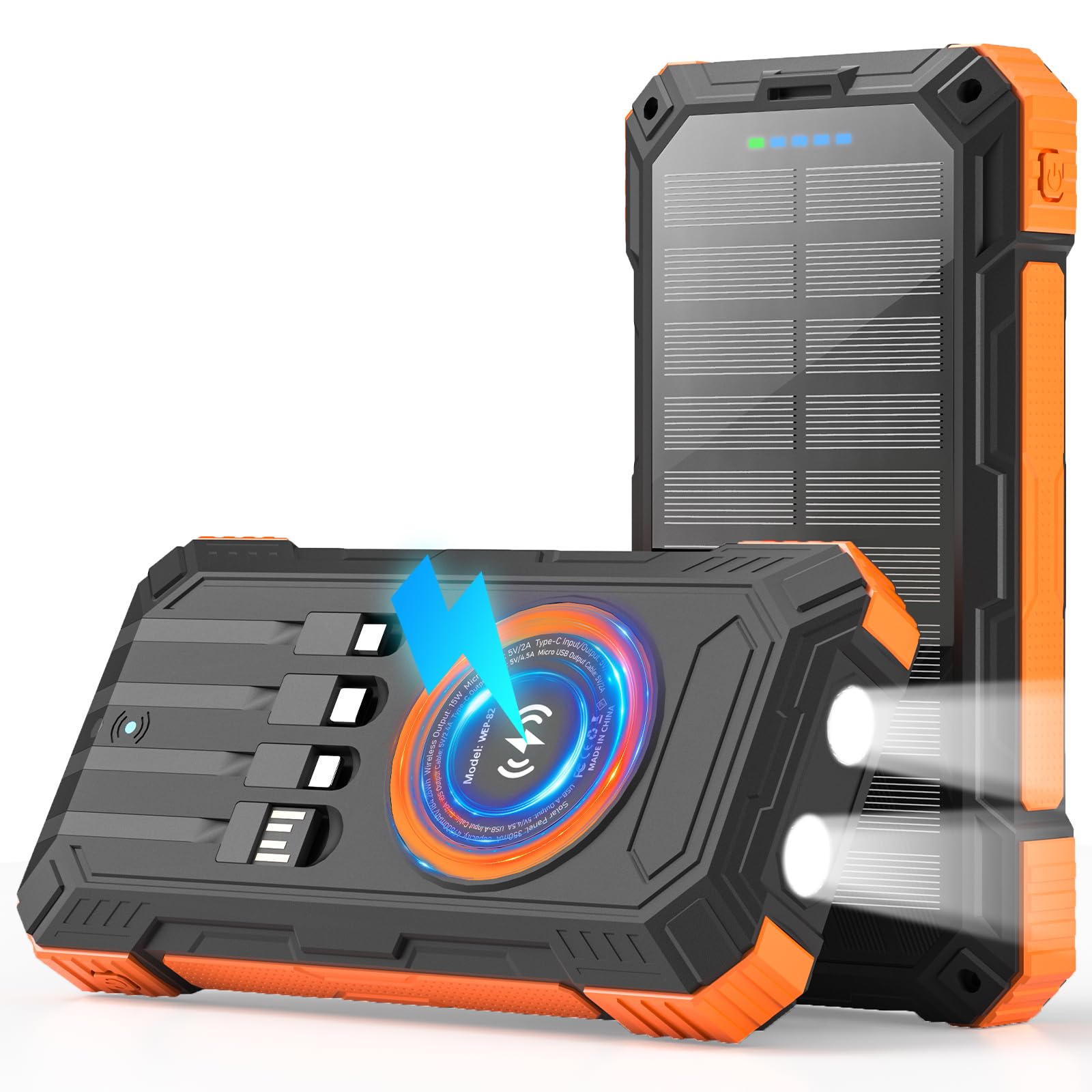 YOLOSKS Solar Charger Power Bank 49800mAh Wireless Portable Phone Charger, 22.5W QC3.0 Fast Charging Built in 4 Cables with USB 