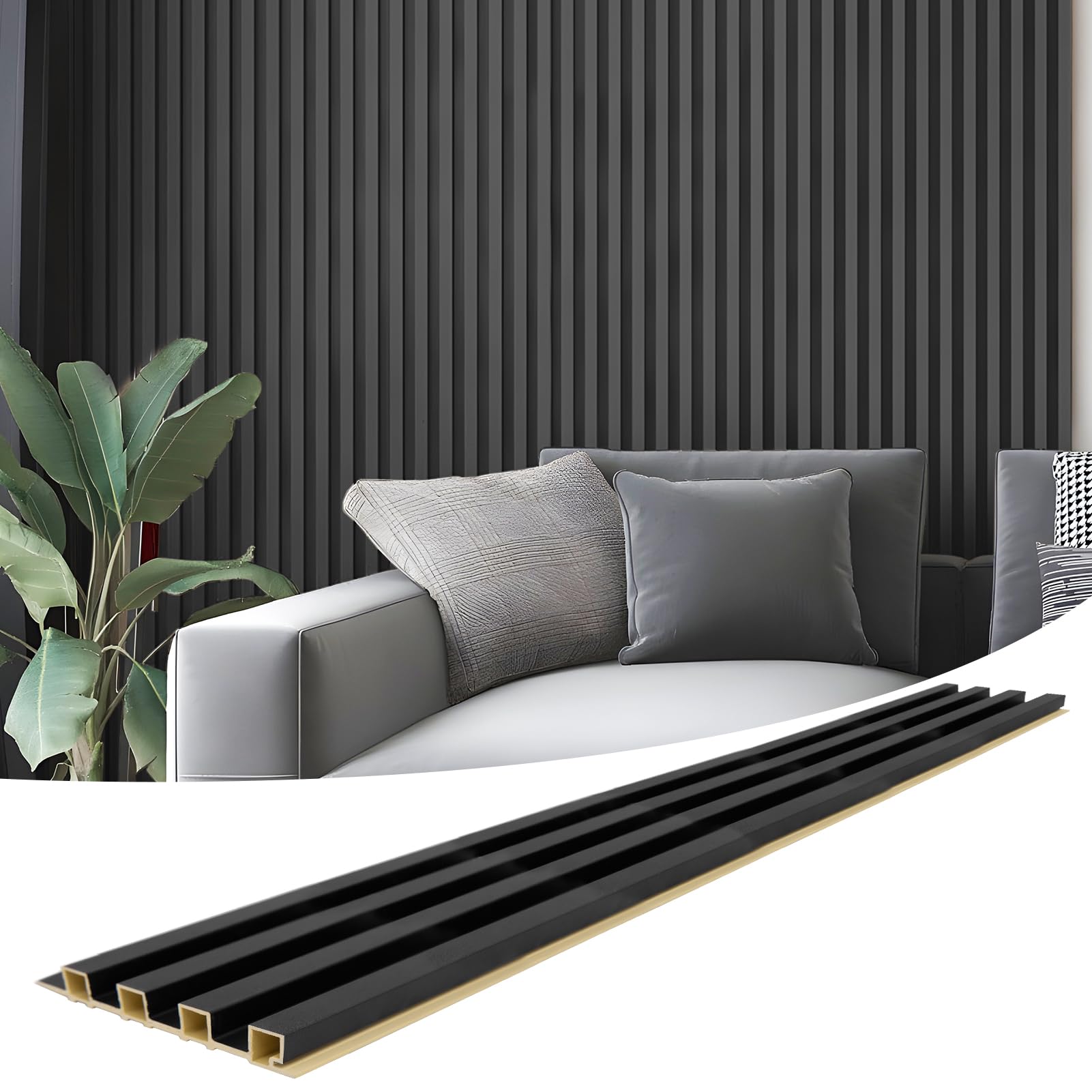 Art3D 8 Pack 96 X 6In. Wpc Acoustic Slat Wall Panel For Modern Interior Decor, Tv Background, Living Room, Matte Black