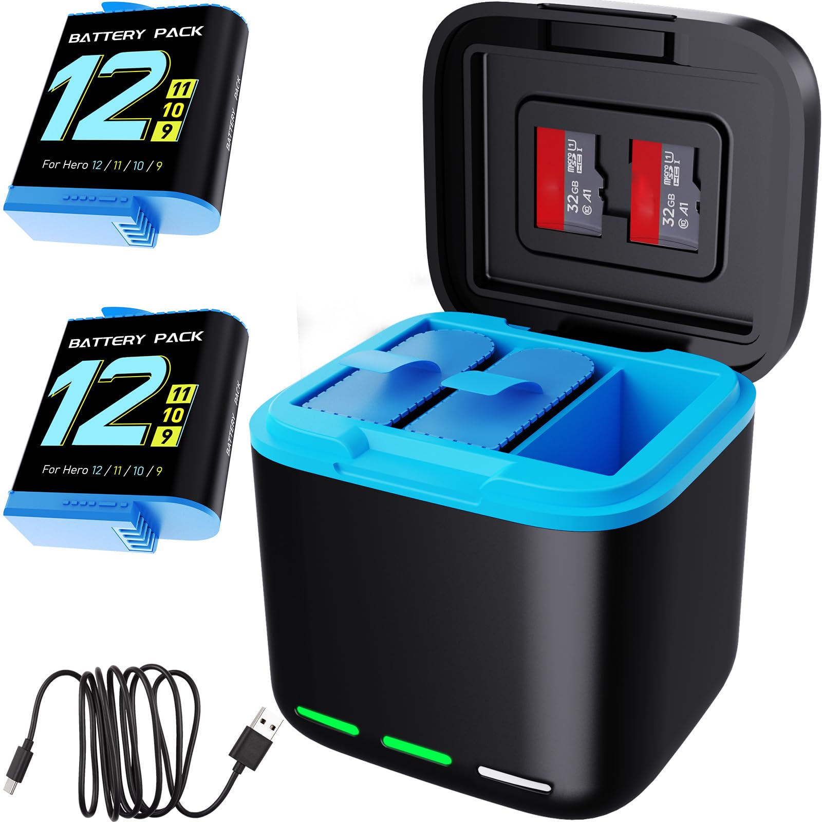 Yeewanke For Hero 12/11/10/9 Battery 2 Pack 2000Mah And Usb Storage 3 Channel Fast Charger Fully Compatible With Gopro Hero 12,