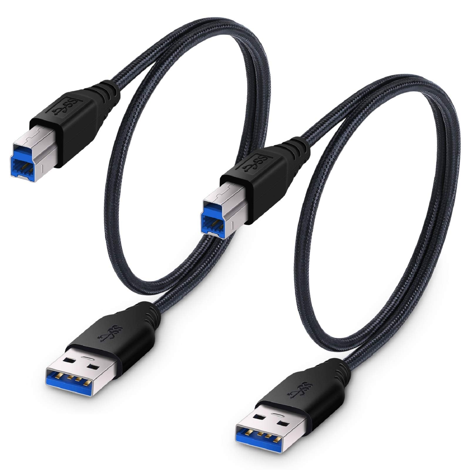 Besgoods Usb 3.0 Cable A Male To B Male [1.5Ft/50Cm] Short Cable Braided Cord  2Pack, Black