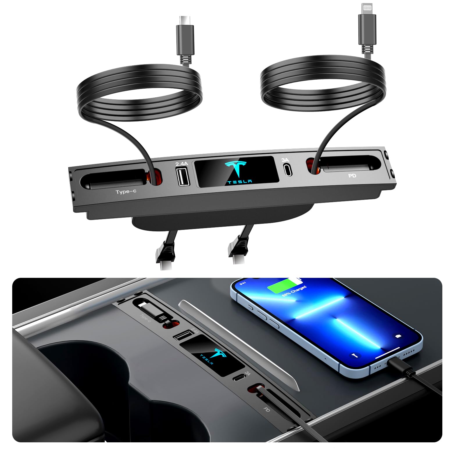 Car USB Charger Multi Port for 2021 2022 2023 2024 Tesla Model 3/Y,Multifunctional Tesla Accessories with Logo and Retractable C