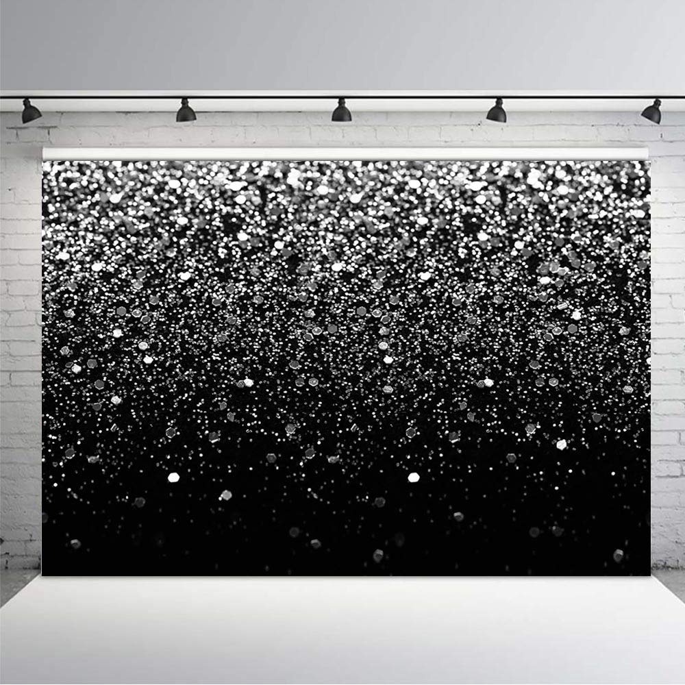 Comophoto Silver Bokeh Black Backdrop 7X5Ft Birthday Party Silver Black Themed Photography Background Silver Dots Decorations Wedding Birthday Party Events Banner Photo Booth Backdrops