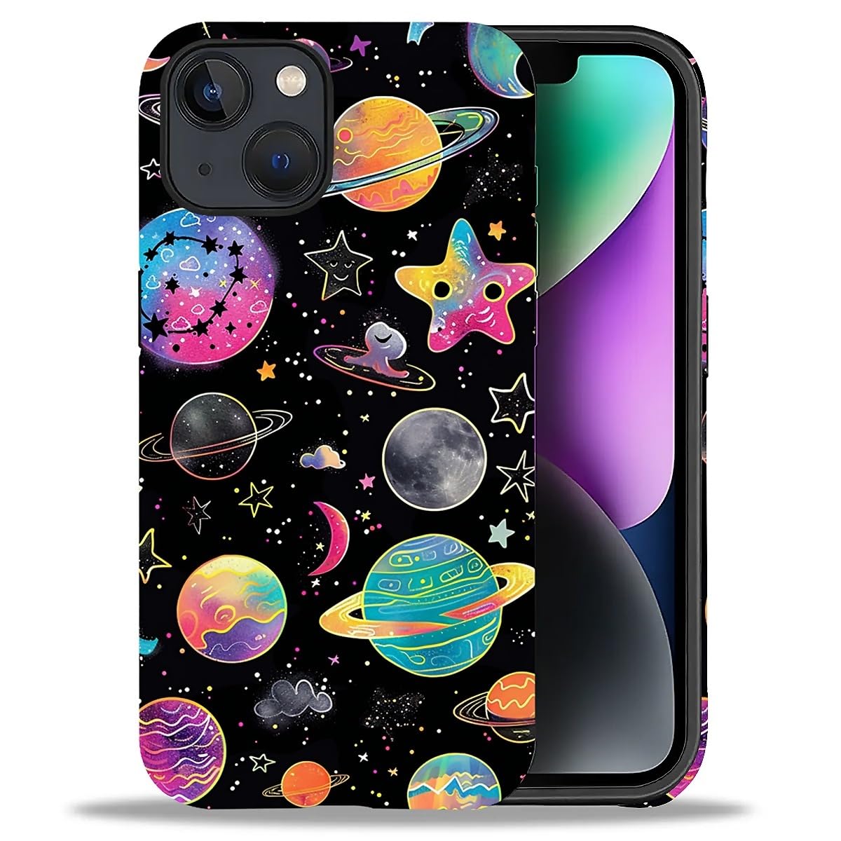 WANKBLC Compatible with iPhone 14 Plus Matte Case, Rainbow Planet Stars Space Pattern for Girl Full Body Design Soft Silicone Dr