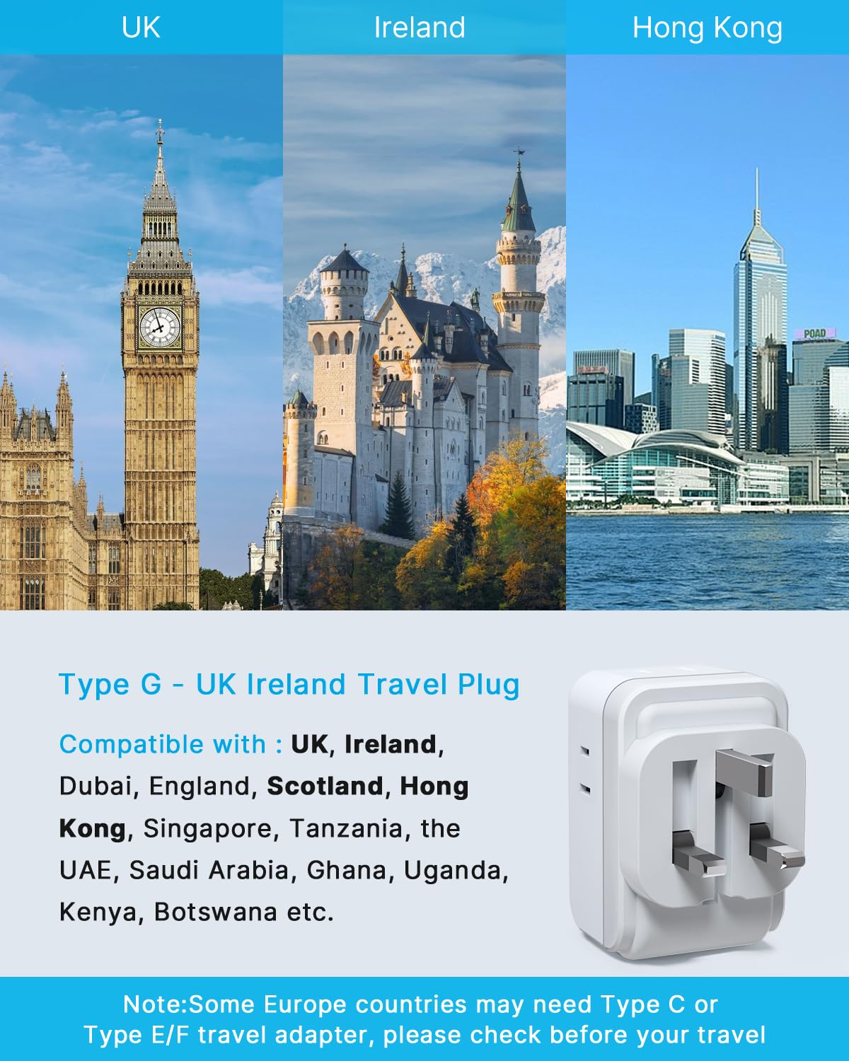 2 Pack Us To Uk Plug Adapter, Vintar Foldable Uk Adapters For Travel, Type G Adapter For Travel With 4 Outlets And 3 Usb(2 Usb C