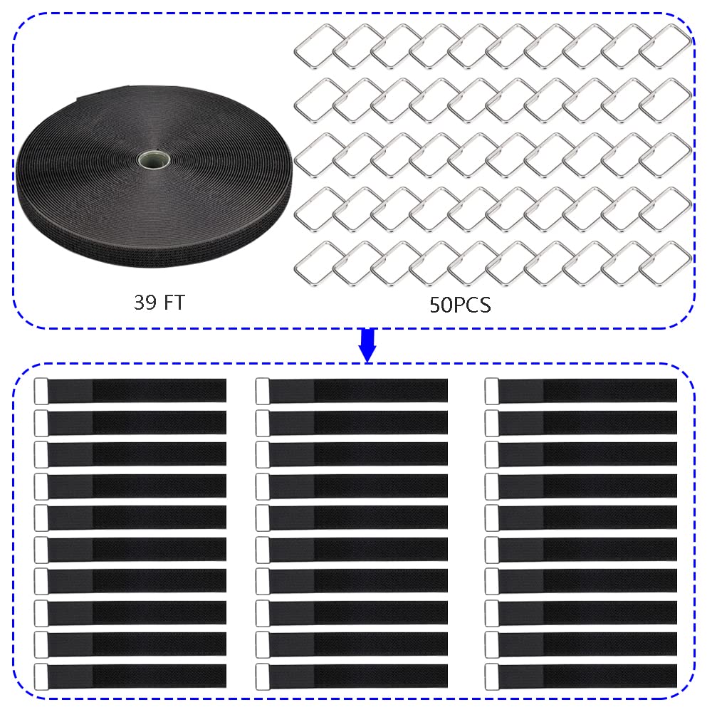 Amsthow 39Ft Black Straps 1 Inch Cinch Straps Long Adhesive Adjustable Reusable Storage Nylon Loop Binding Management Cable Ties