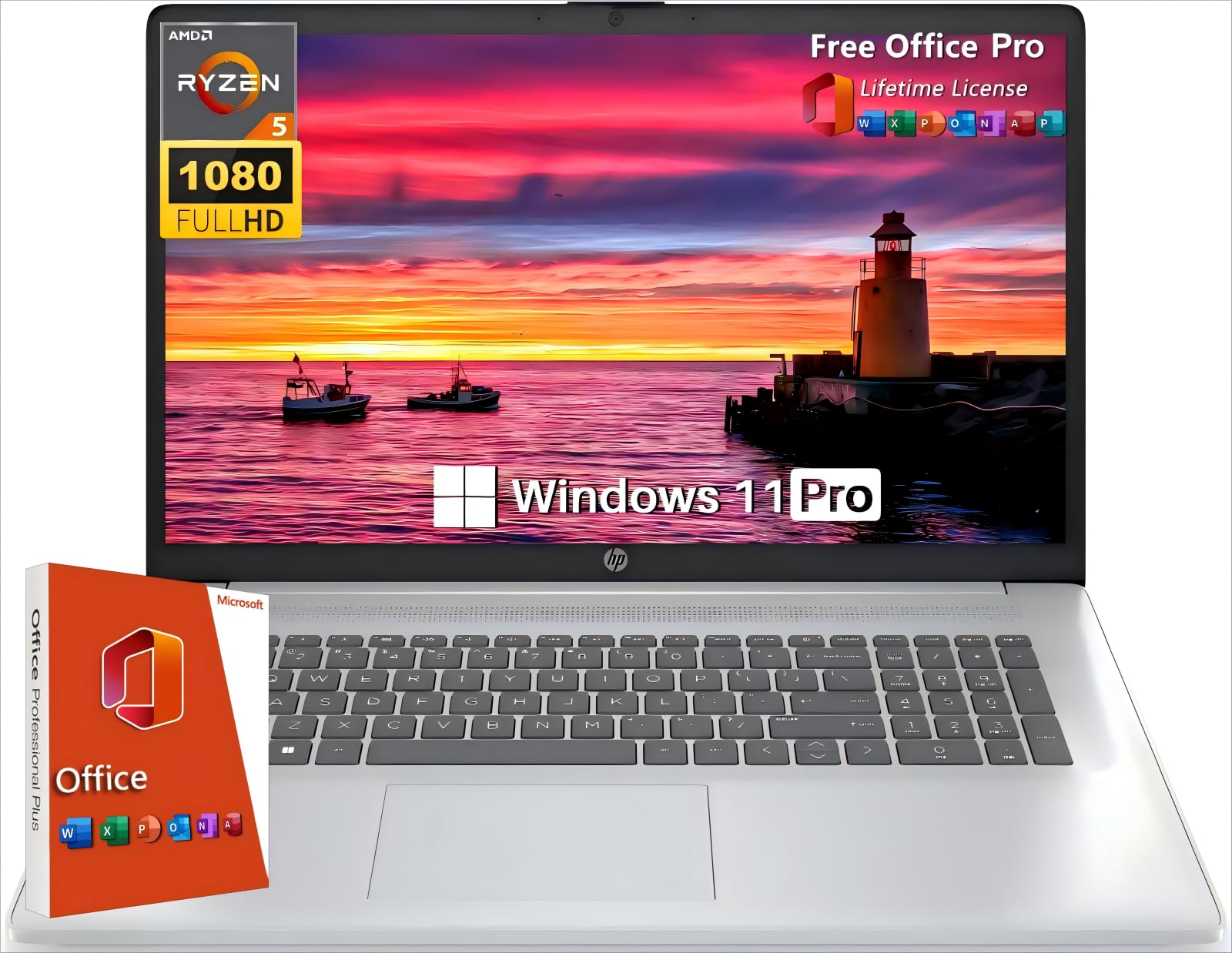 HP 17.3 Business Laptop, Office 2024 Lifetime License, 17.3 FHD IPS Display, AMD Ryzen 5 7430U (6-Cores, Up to 4.3 GHz), 32 GB R
