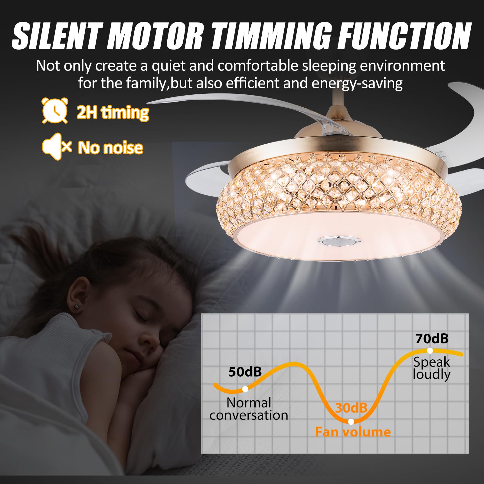 42 Inch Retractable Invisible Ceiling Fan With Light And Bluetooth Speaker, Modern Bluetooth Fan Chandelier With Remote Control