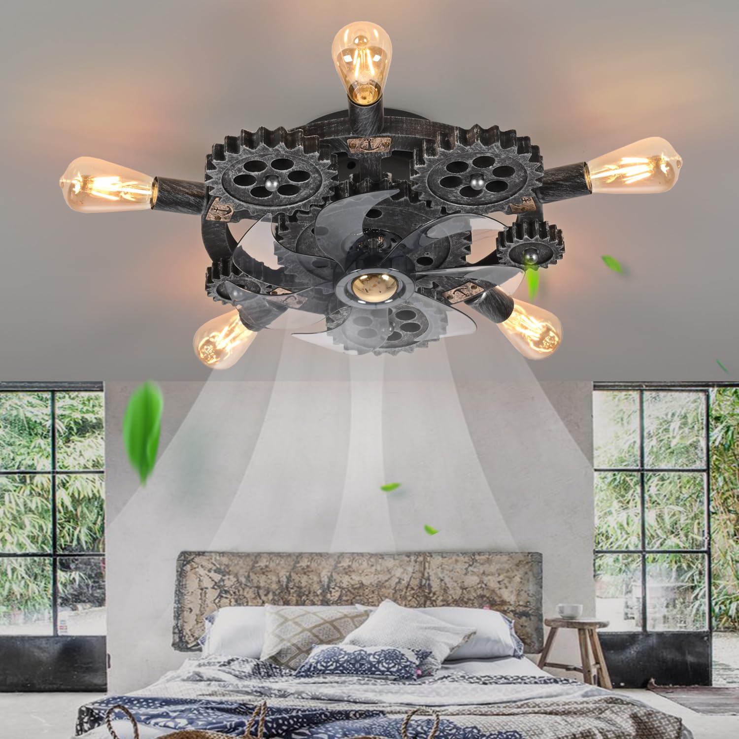 Hueoczw 20 Retro Industrial Steampunk Ceiling Fans With Lights And Remote,Low Profile Flush Mount Bladeless Ceiling Fan With Lig