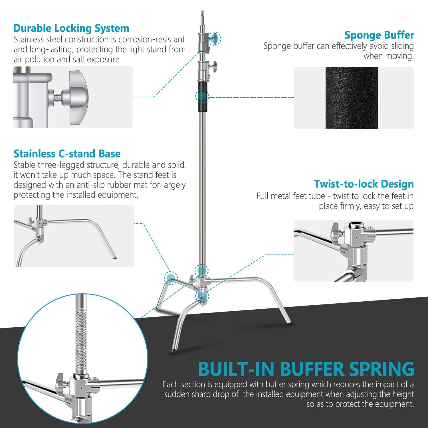 Neewer 10 Feet/3 Meters Adjustable C Stand Light Stand With 4 Feet/1.2 Meters Extension Boom Arm, 2 Pieces Grip Head And Carry B
