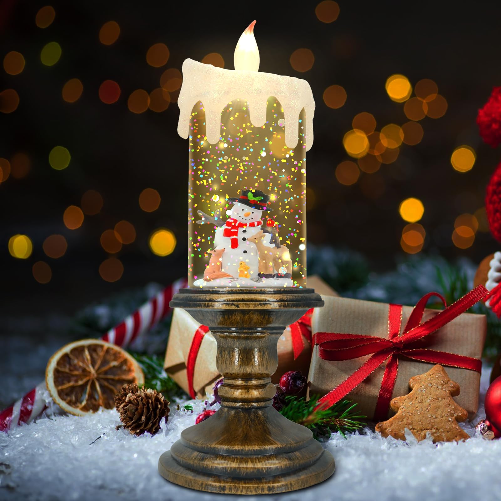 Aomil Christmas Flameless Candles, Flickering Flameless Candles With Timer, Christmas Led Candles Battery Operated, Snow Globe C
